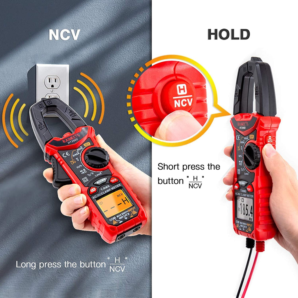 KAIWEETS Digital Clamp Meter Multimeter with D-Shaped Jaw for AC/DC Current & Voltage, Auto-ranging 4000 Counts Voltage Tester with Flashlight Backlight, Measuring Temperature Continuity Diode NCV