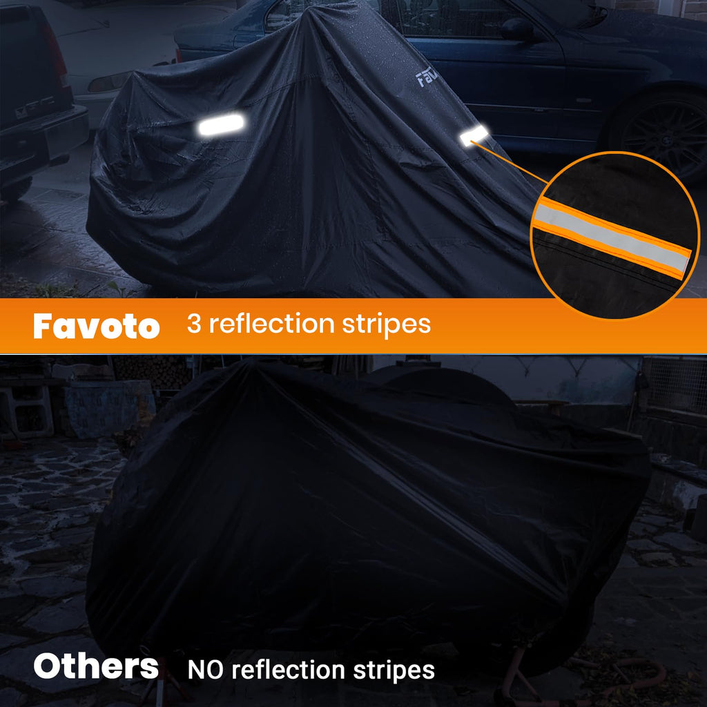 Favoto Motorcycle Cover Waterproof Outdoor All Weather Snow Rain Dust UV Protection Motorcycle Tarp with Lock-Holes ＆ Storage Bag Moped Cover with Night Reflective Strips Fits up to 86.6"