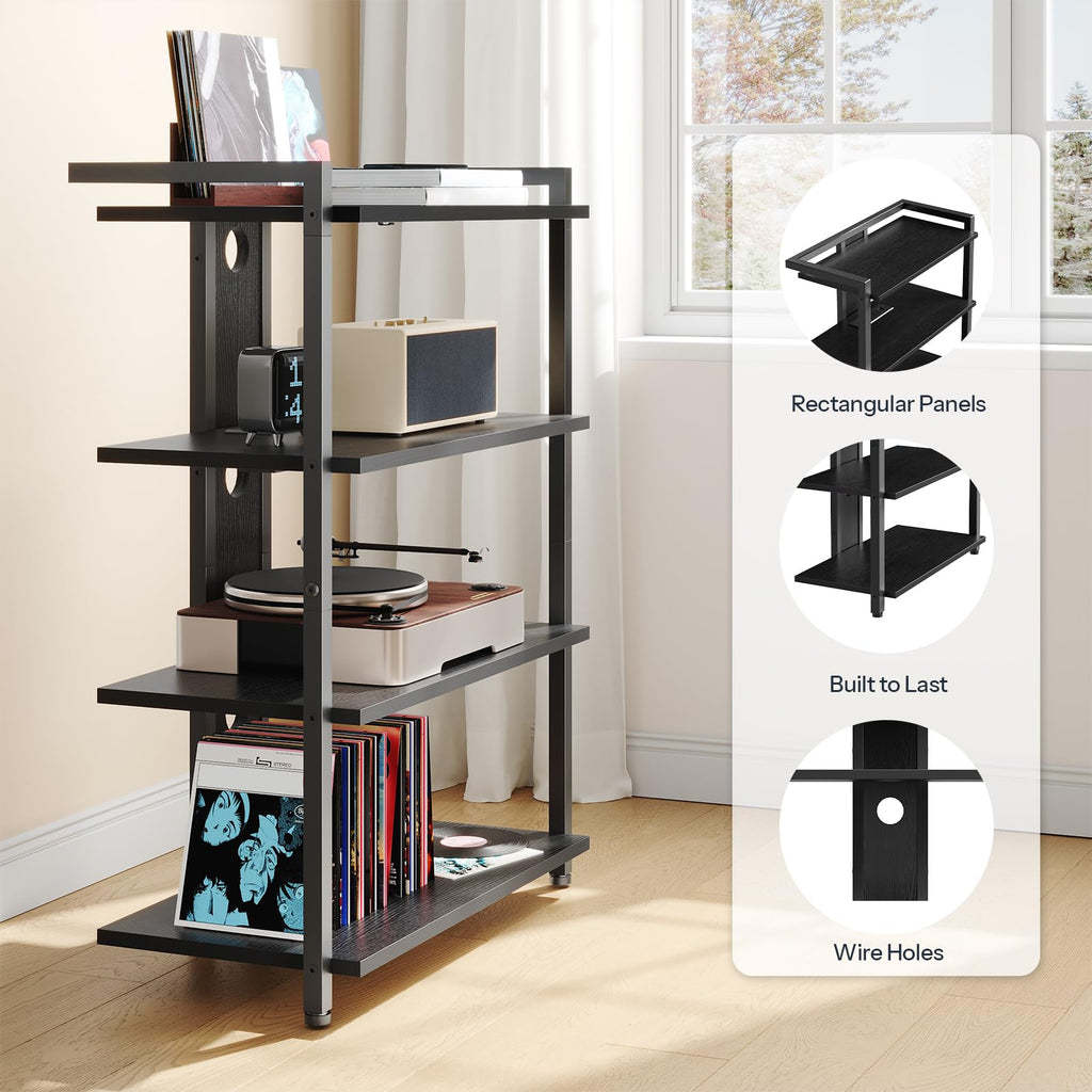 HOOBRO Game Console Shelf, 4-Tier Video Gaming Consoles Stand with Outlet & RGB Light, Audio Rack Tower for Turntable, Stereo Equipment, Wooden Entertainment Storage Stand, Black BB38UDCJ01