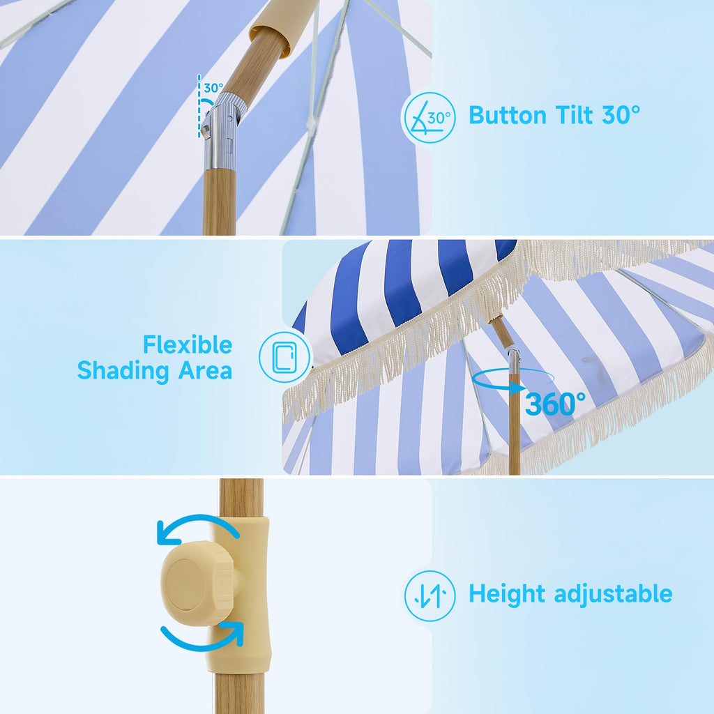 6.5FT Boho Patio Umberlla with Fringe,UPF50+ Outdoor Umbrella with Fiberglass Ribs and Push Button Tilt,Tassels Umbrella for Beach,Terrace,Picnic