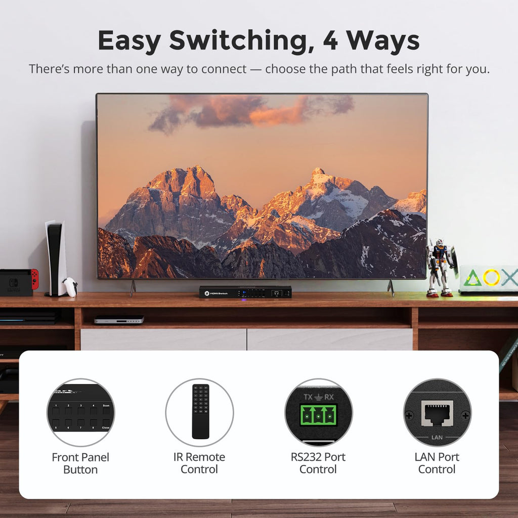 TESmart 8×1 HDMI Switch 8 in 1 Out 4K @ 60Hz HDCP with 19-inch Rack-Ears | RS-232 / LAN Control | IR Remote Control and Auto Switch | Auto Scan Time Interval - Black