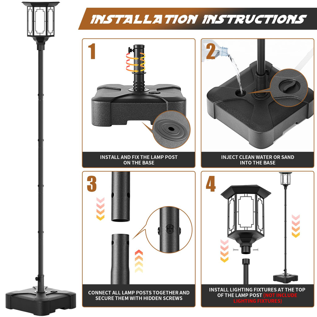 Outdoor Light Pole with Fillable Base, 8ft Cast Iron Lamp Post, 5-Section Heavy Duty Adjustable Pole for Garden, Yard, Pathway & Parking Lot, Portable Sand/Water Box Street Light Stand