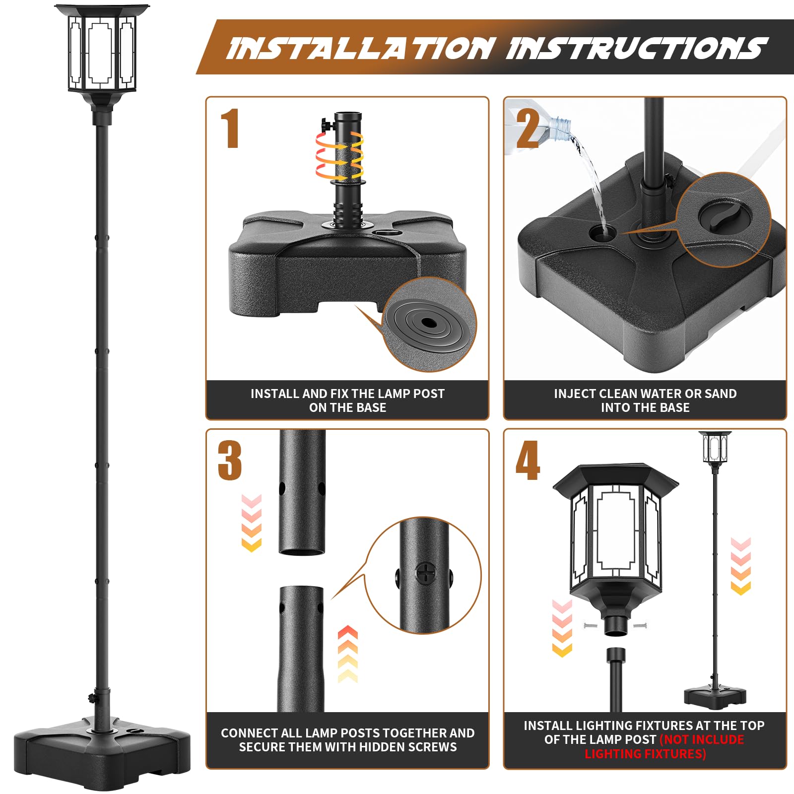 Outdoor Light Pole with Fillable Base, 8ft Cast Iron Lamp Post, 5-Section Heavy Duty Adjustable Pole for Garden, Yard, Pathway & Parking Lot, Portable Sand/Water Box Street Light Stand