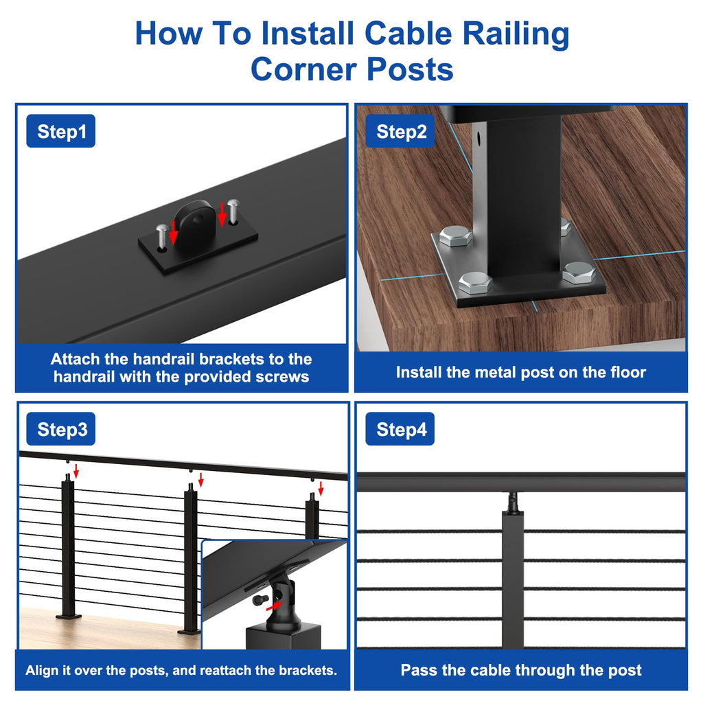BLIKA 36" Cable Railing Corner Post, 304 Stainless Steel, 2-Side Drilled Adjustable Top Corner Post, Surface Mount Matte Black Cable Railing System Corner Post