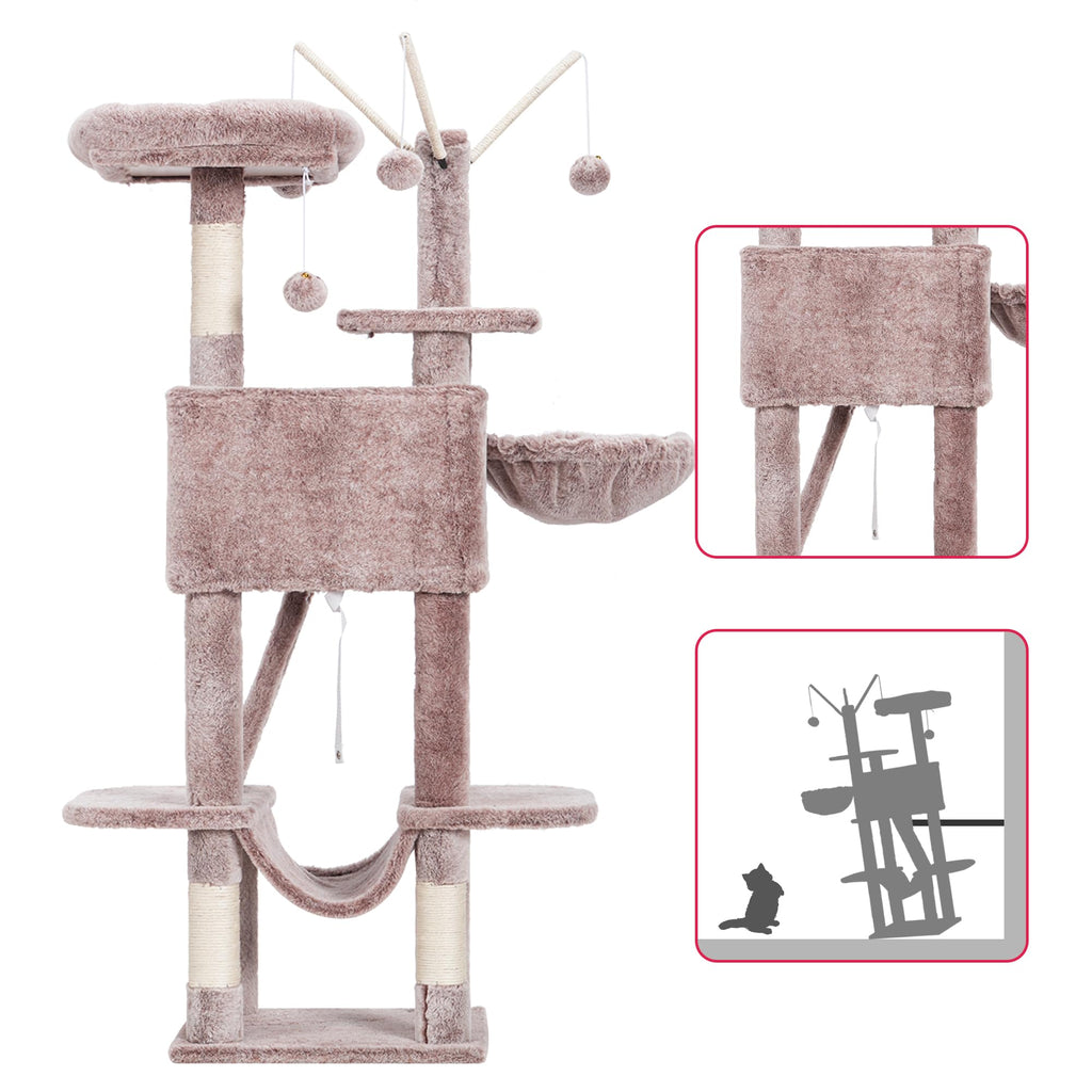 Hey-brother Cat Tree, 53 inch Cat Tower for Indoor Cats, Cat House with Padded Platform Bed, Toy Balls, Large Cozy Condo, Hammocks and Sisal Scratching Posts, Beige MPJ019-SM