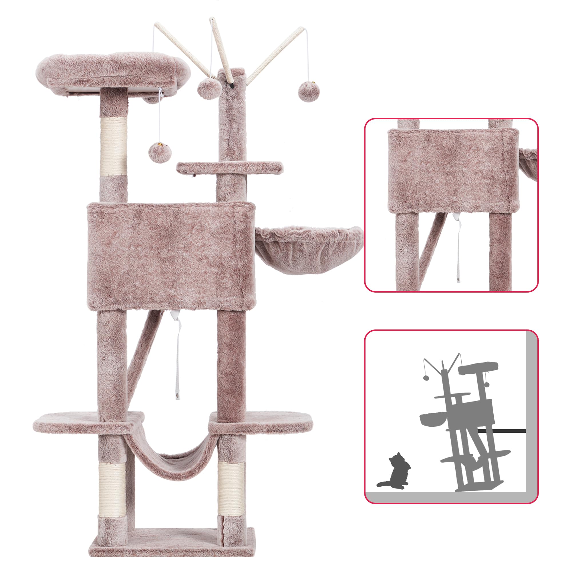 Hey-brother Cat Tree, 53 inch Cat Tower for Indoor Cats, Cat House with Padded Platform Bed, Toy Balls, Large Cozy Condo, Hammocks and Sisal Scratching Posts, Beige MPJ019-SM