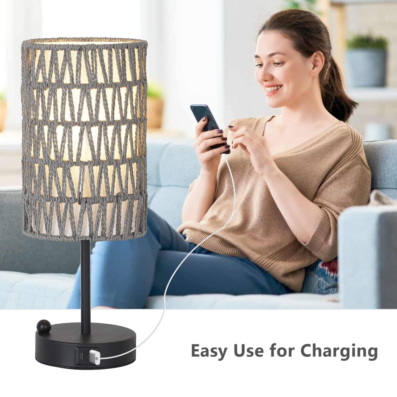 Rattan Bedside Table Lamps Set of 2 - Boho Lamps With 3 Color Temperatures & USB AC Port, Pull Chain Table Lamp For Bedroom, Cute Small Lamp For Nightstand Office Desk Bed Side End Table Living Room