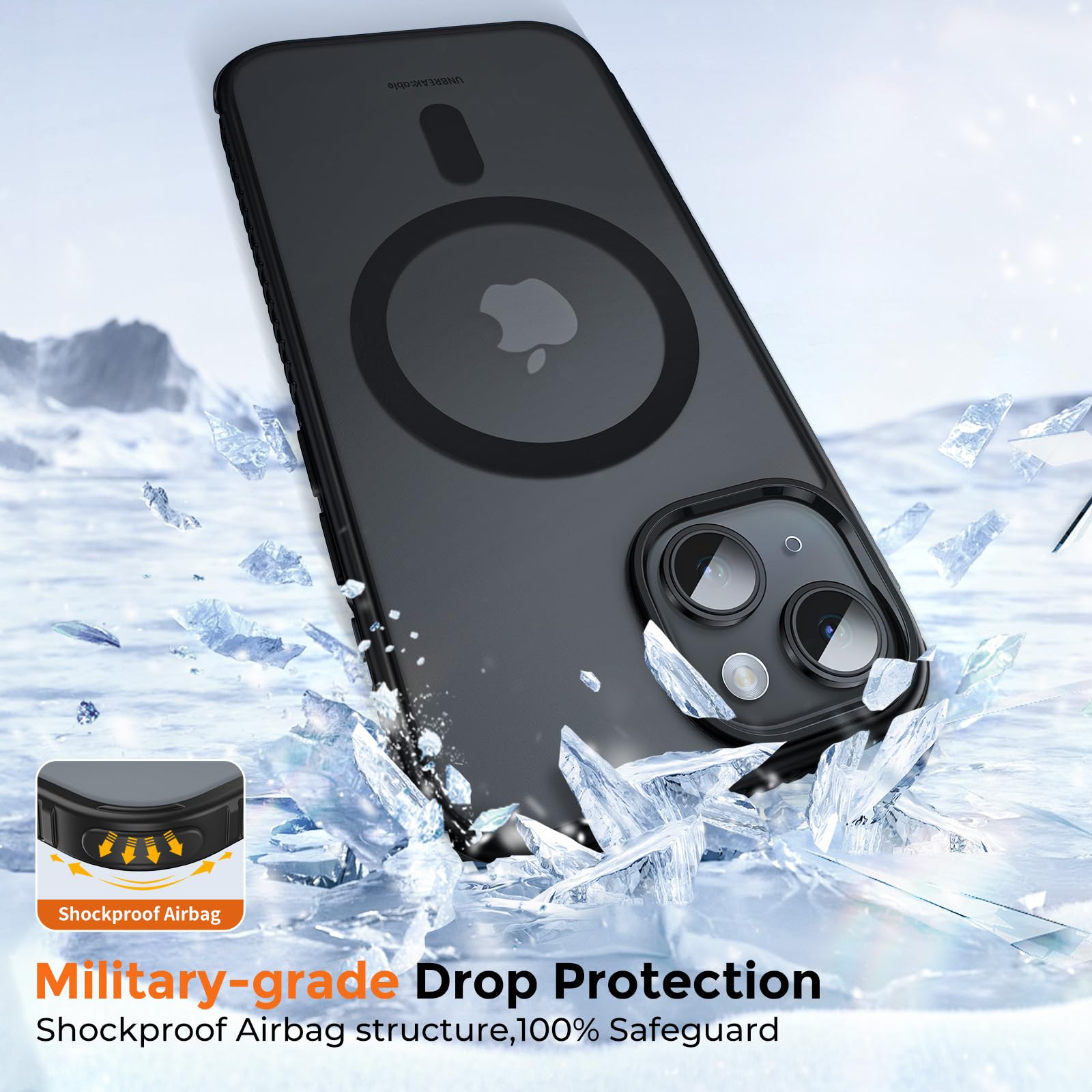 UNBREAKcable Case for iPhone 14 & iPhone 13, [Compatible with MagSafe] [Military Grade Shockproof] [Non-Slip] Translucent Matte Back and Soft TPU Edge Protective Case for iPhone 14/13 6.1", Black