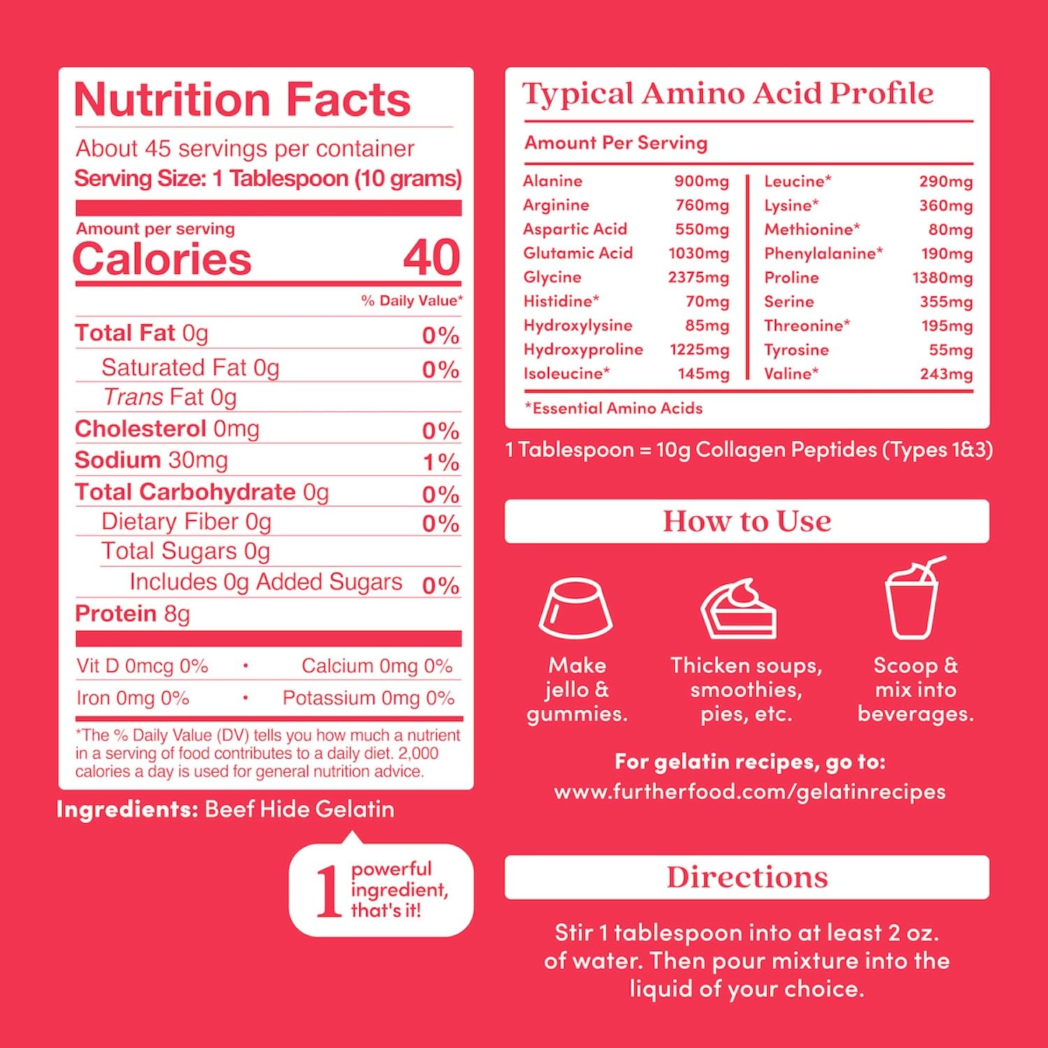 Further Food Premium Gelatin Powder – Unflavored, Grass-Fed & Pasture-Raised Beef Hide, Non-GMO, Sugar-Free, Keto & Paleo Friendly, 15.87 oz