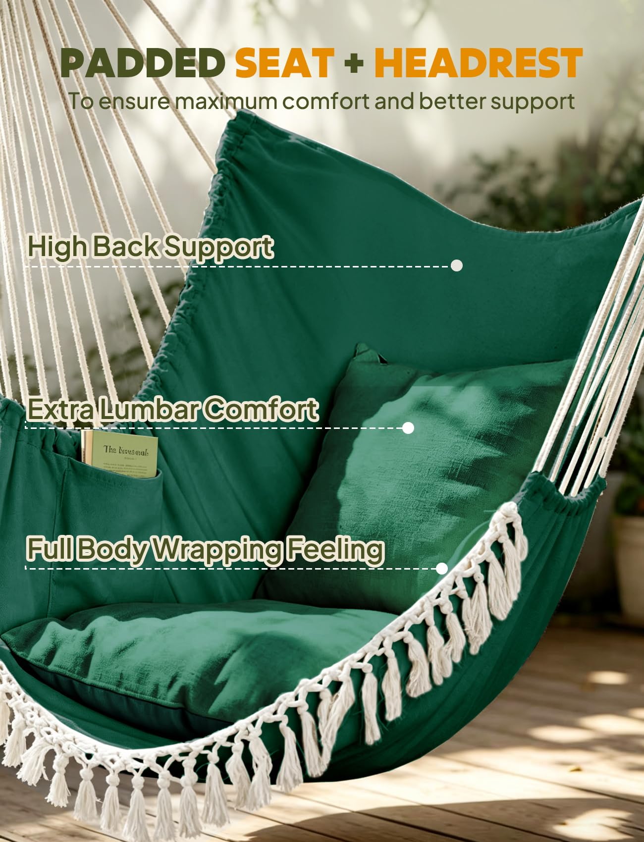 Chihee Hammock Chair Hanging Swing Max 500 Lbs 2 Cushions Included Metal Spreader Bar with Anti-Slip Grooves Portable Hanging Chair Side Pocket Large Macrame Bohemian Chair Indoor Outdoor | Hanging Swing with Anti-Slip Grooves Portable Hanging Chair Side