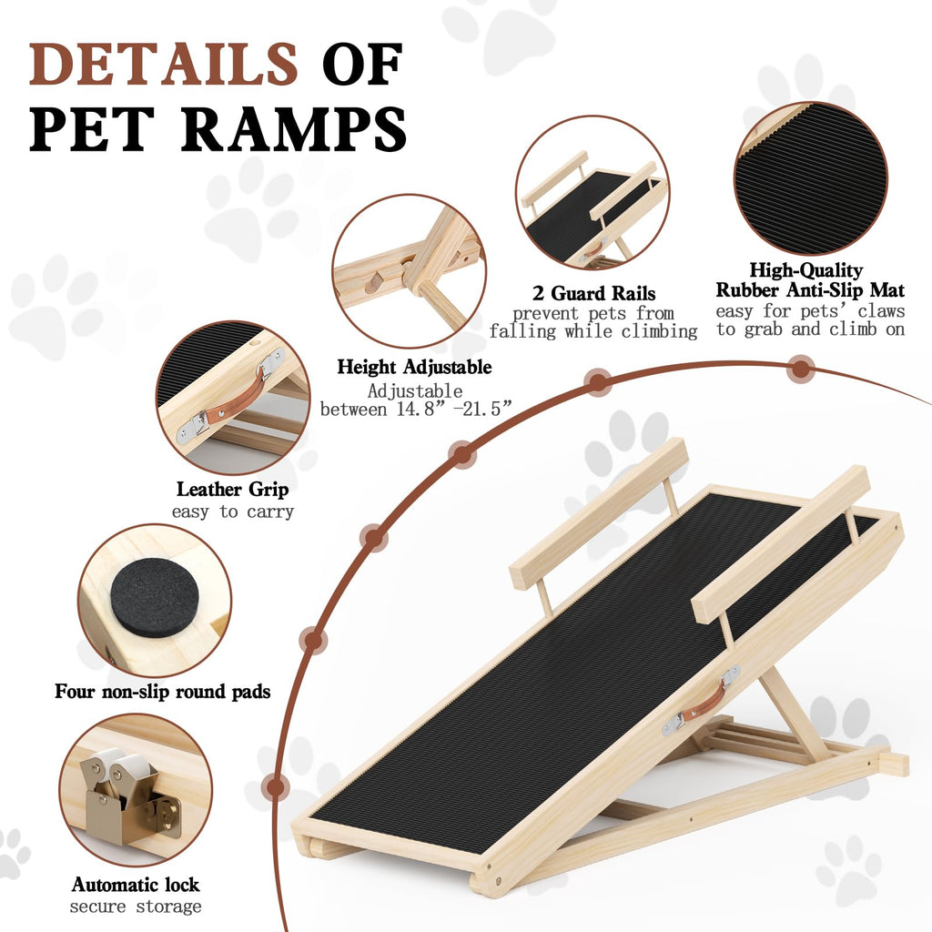 Dog Ramp for Couch, Wooden Pet Ramps 39.37" Long Adjustable 12"-20.47" Folding Puppy Ramps with Anti-Slip Rubber Mat, Dog Stairs for Small & Medium Older Dogs & Cats, up to 100lbs