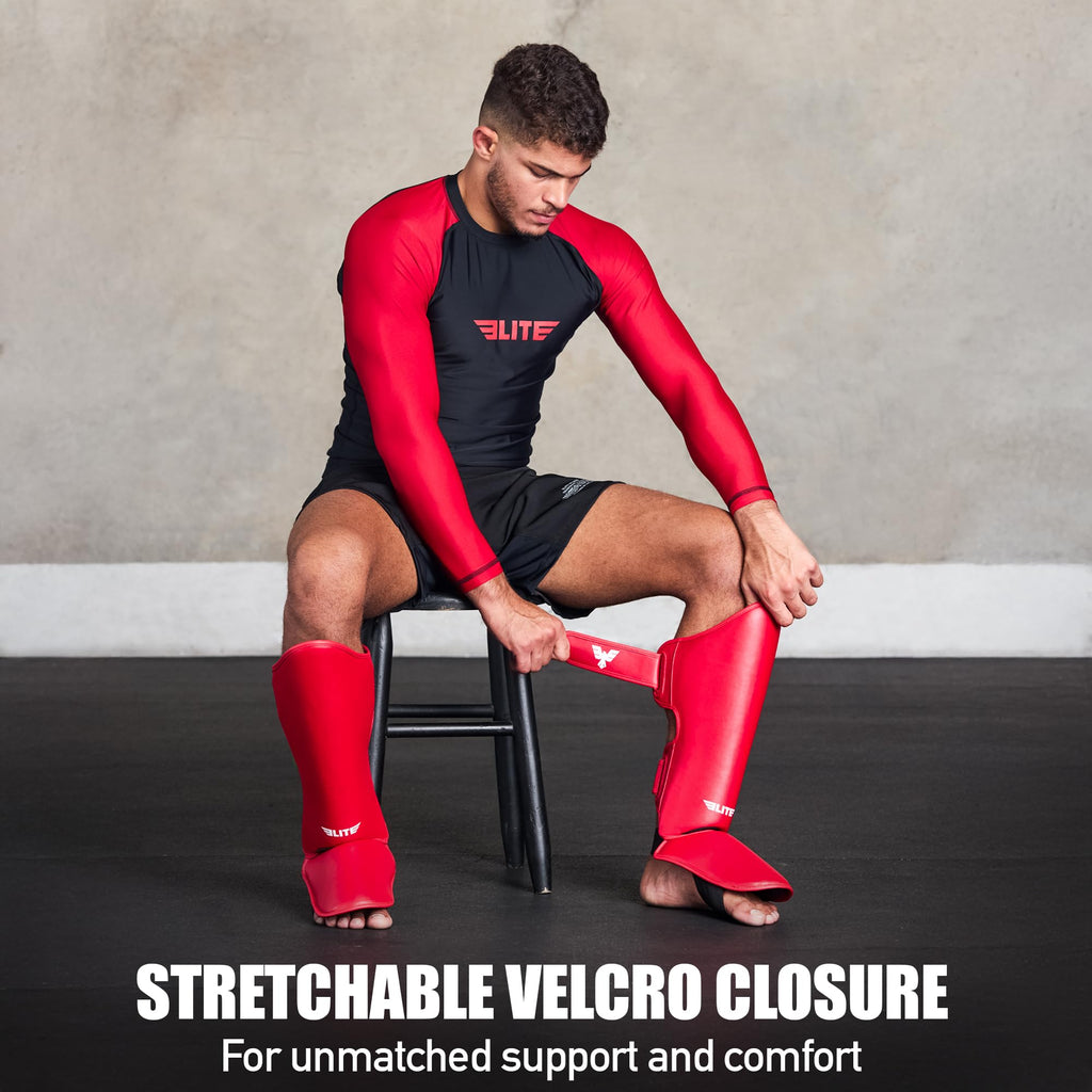 Elite Sports Muay Thai Shin Guards Kickboxing MMA Muay Thai Leg Instep Protective Pads, Martial Art Kicking Sparring Training Gear for BJJ Karate Boxing Taekwondo