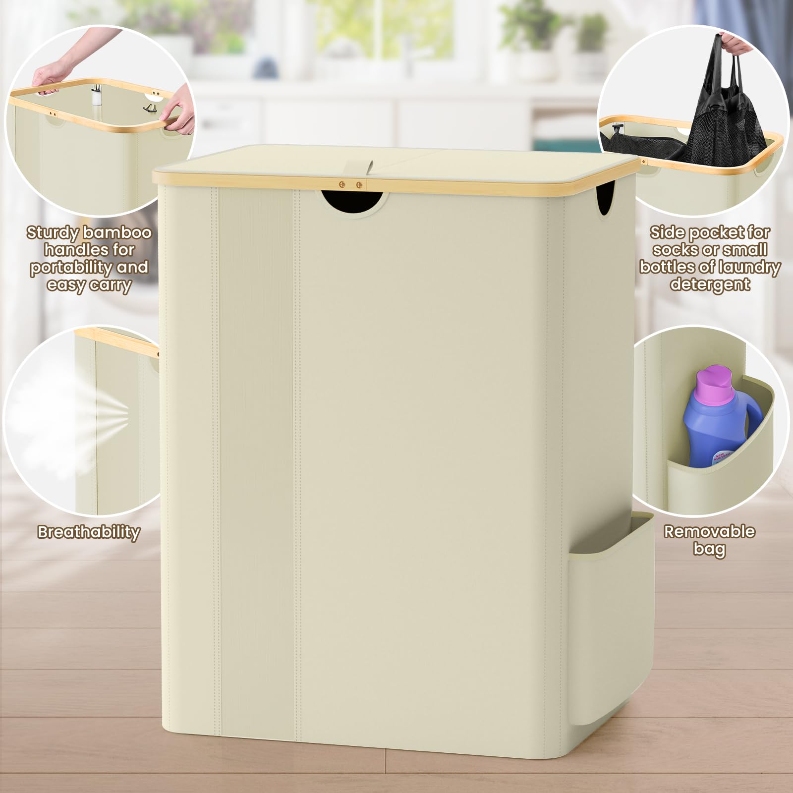 BlissTotes Laundry Basket with Lid, 100L Clothes Laundry Hamper with Handles and Removable Laundry Bag, Breathable Design Hamper with Lid for Bedroom, Bathroom, Dorm, Laundry Room - Beige