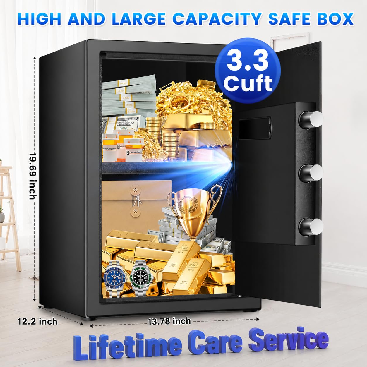 Home Safe Box, Safes with Fireproof Waterproof Bag, 9.84'' H Anti-Theft Digital Security Lock Box with Smart Alert System, Removable Shelf, Mute Function, Document Safes for Jewelry