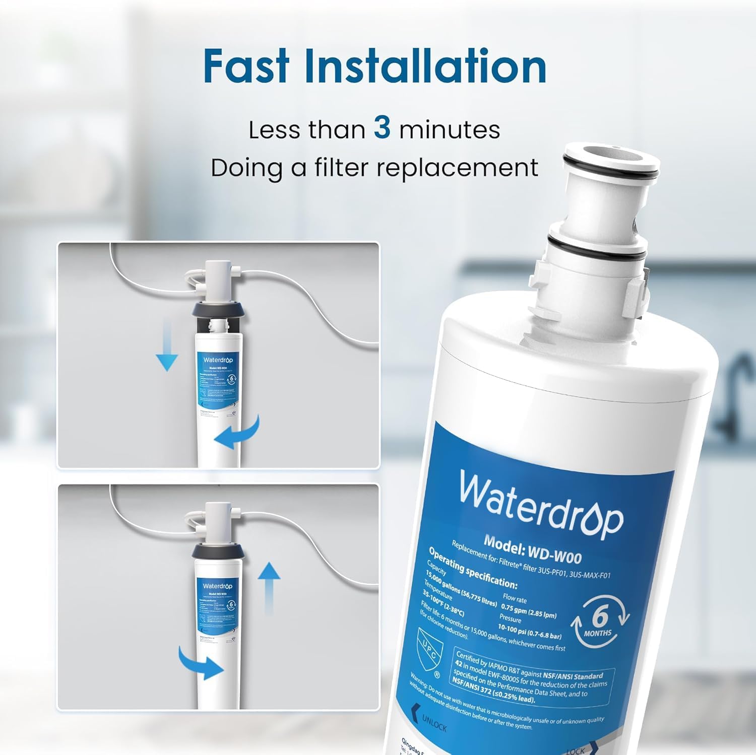 Waterdrop 3US-MAX-F01 3US-PF01 Maximum Under Sink Water Filter, Replacement for Filtrete® Advanced 3US-PF01, 3US-MAX-F01, 3US-PS01, 3US-MAX-S01, Manitowoc K-00337, K-00338, NSF/ANSI 42 Certified