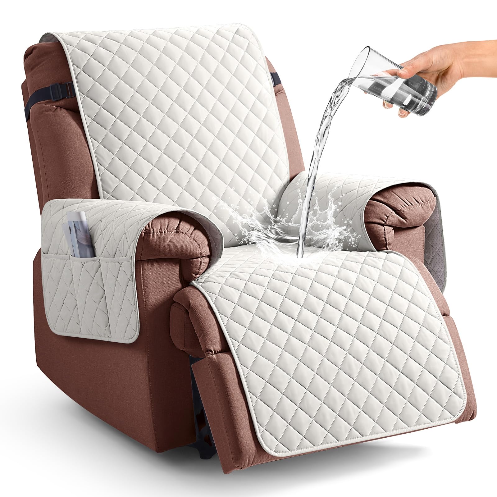 KinCam 100% Waterproof Recliner Chair Cover, Reclining Couch Covers for Pets, Dogs, Recliner Couch Slipcover Furniture Protector with Elastic Straps for Kids(23.6", Beige White)