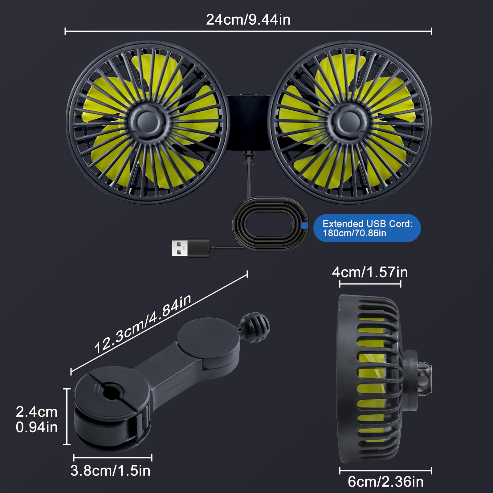 XOOL Clip Car Fan, 9 Inches 12V/24V Fan, 360° Rotatable Electric Cooling Clip on Fan with Stepless Speed Regulation for SUV, RV, Truck