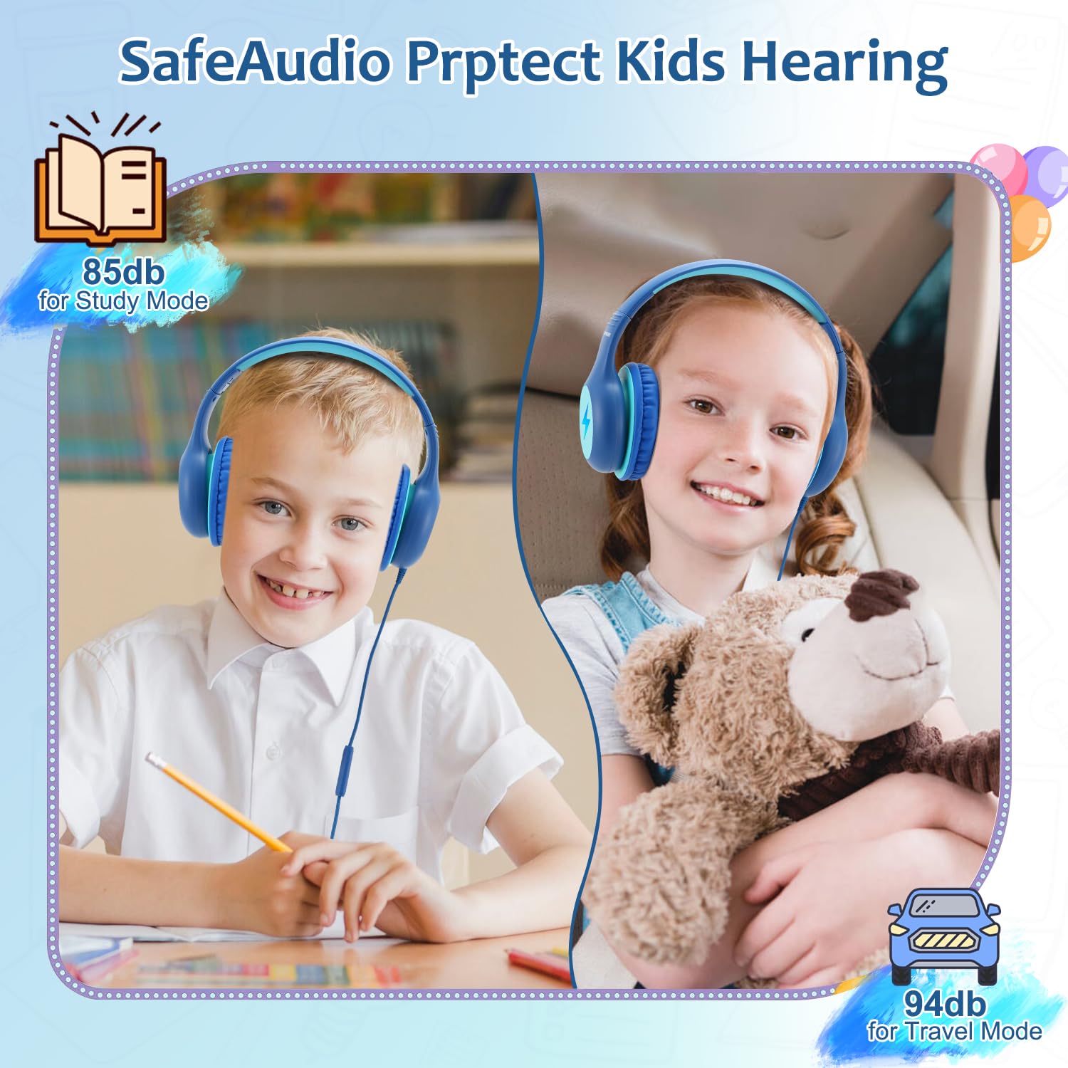 Voopwink Kids Headphones Wired with Microphone, USB Type C Headphones for Kids Girls Boys with Cord/LED Lights/85/94dB Volume Limit, Portable Over Ear Headphones for School/Travel/Tablet/iPad