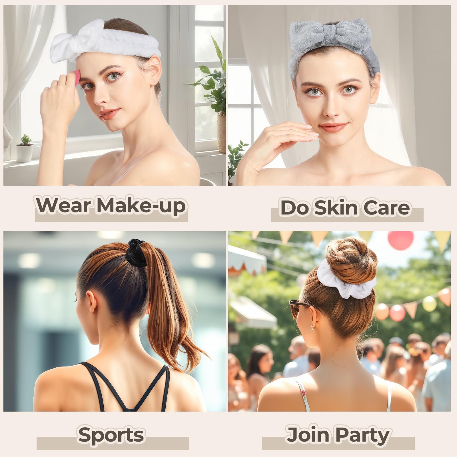 LEOBRO Spa Headband, 6pcs Makeup Headbands and Hair Scrunchies, Bow Skin Care Headband for Washing Face for Teen Girls Women, Easter Basket Valentines Gifts for Girls, Black & White & Gray