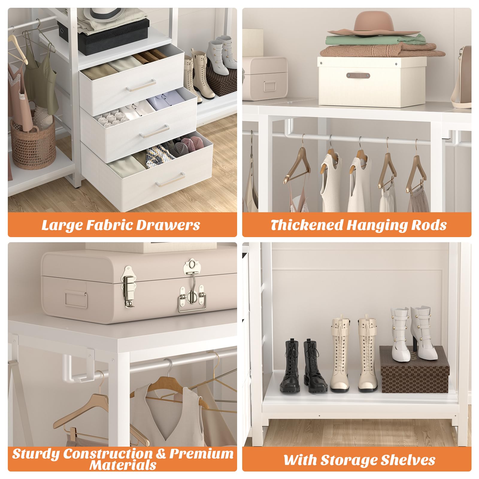 Aheaplus Garment Rack Heavy Duty Clothes Rack for Hanging Clothes,Clothing Rack with Drawers, Wood Stoarge Shelf Freestanding Closet Wardrobe Rack, Corner L Shaped Closet System Organizers, Grey