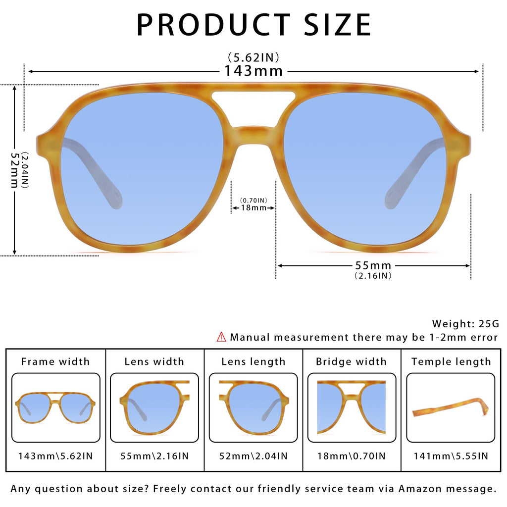 YDAOWKN Retro Square Aviator Sunglasses for Womens Mens Vintage 70s Double Bridge Sun Glasses