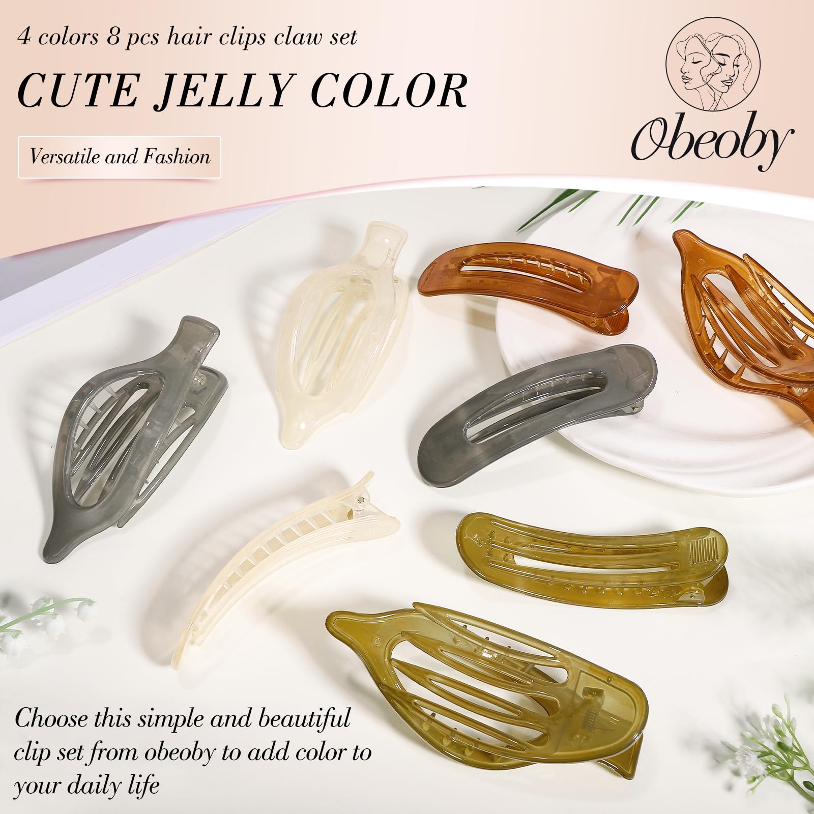 Obeoby 8 Pcs Flat Claw Clips for Women, Strong Hold French Flat Hair Clips for Thick Thin Hair Barrettes Accessories Round Large Medium (Tortoiseshell)
