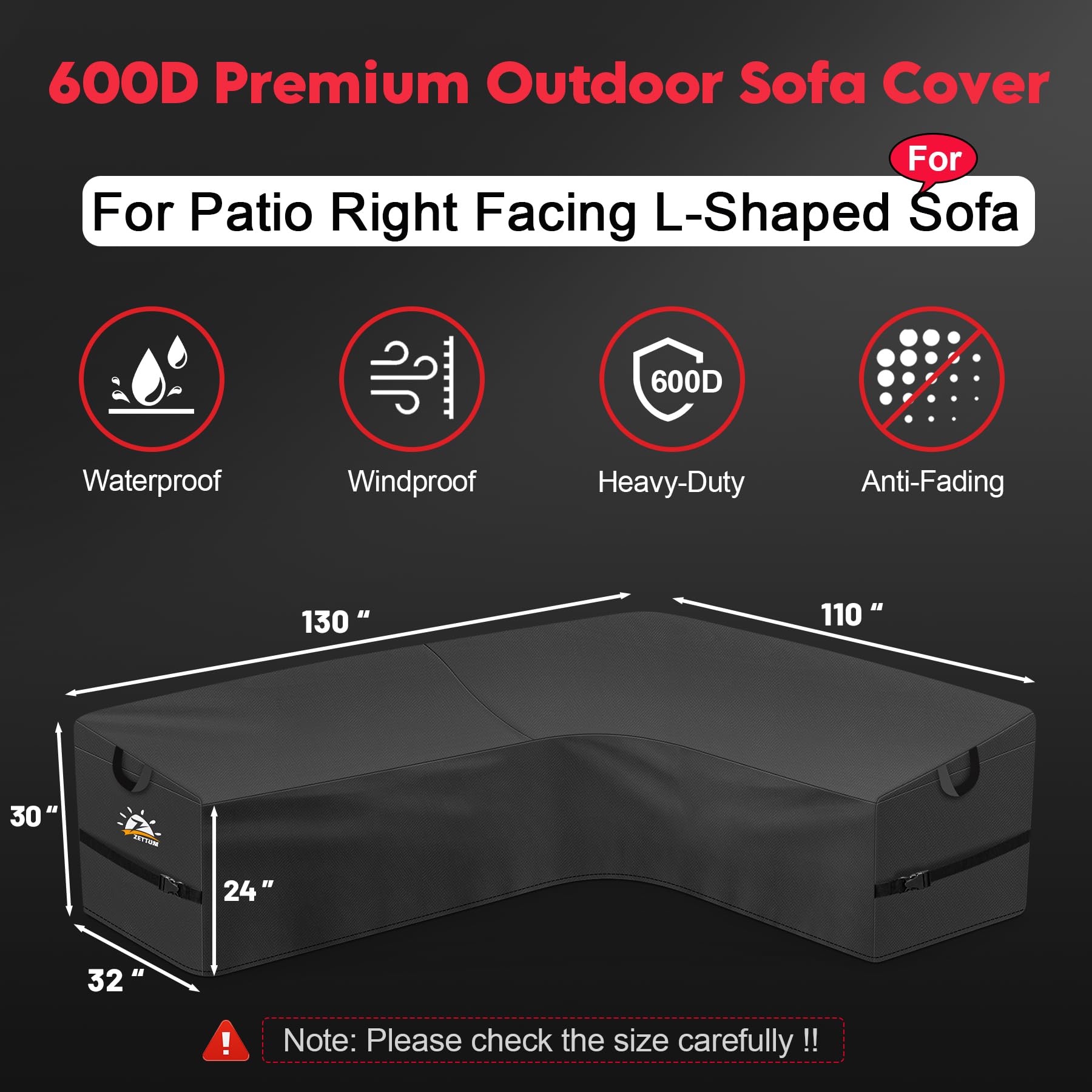 Zettum Outdoor L-Shaped Sectional Cover - 600D Patio Sectional Sofa Cover, Waterproof Patio Furniture Covers for 4-Seater Outdoor Sectional Sofa and Couch, Left Facing, 58x85 Inch Wide
