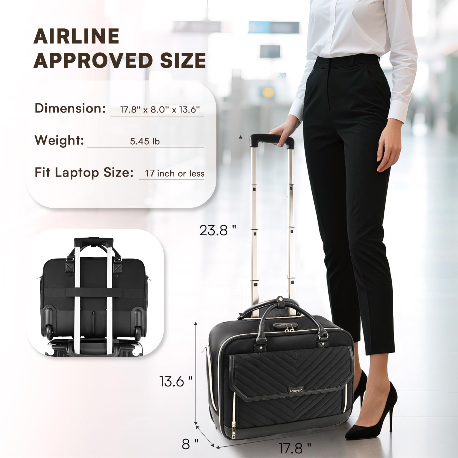 Rolling Laptop Bag for Women with 4 Spinner Wheels, 17 Inch Rolling Briefcase for Women with Lock, Waterproof Rolling Computer Bag with 11 Pockets & Padded Laptop Sleeve for Work Travel, Black