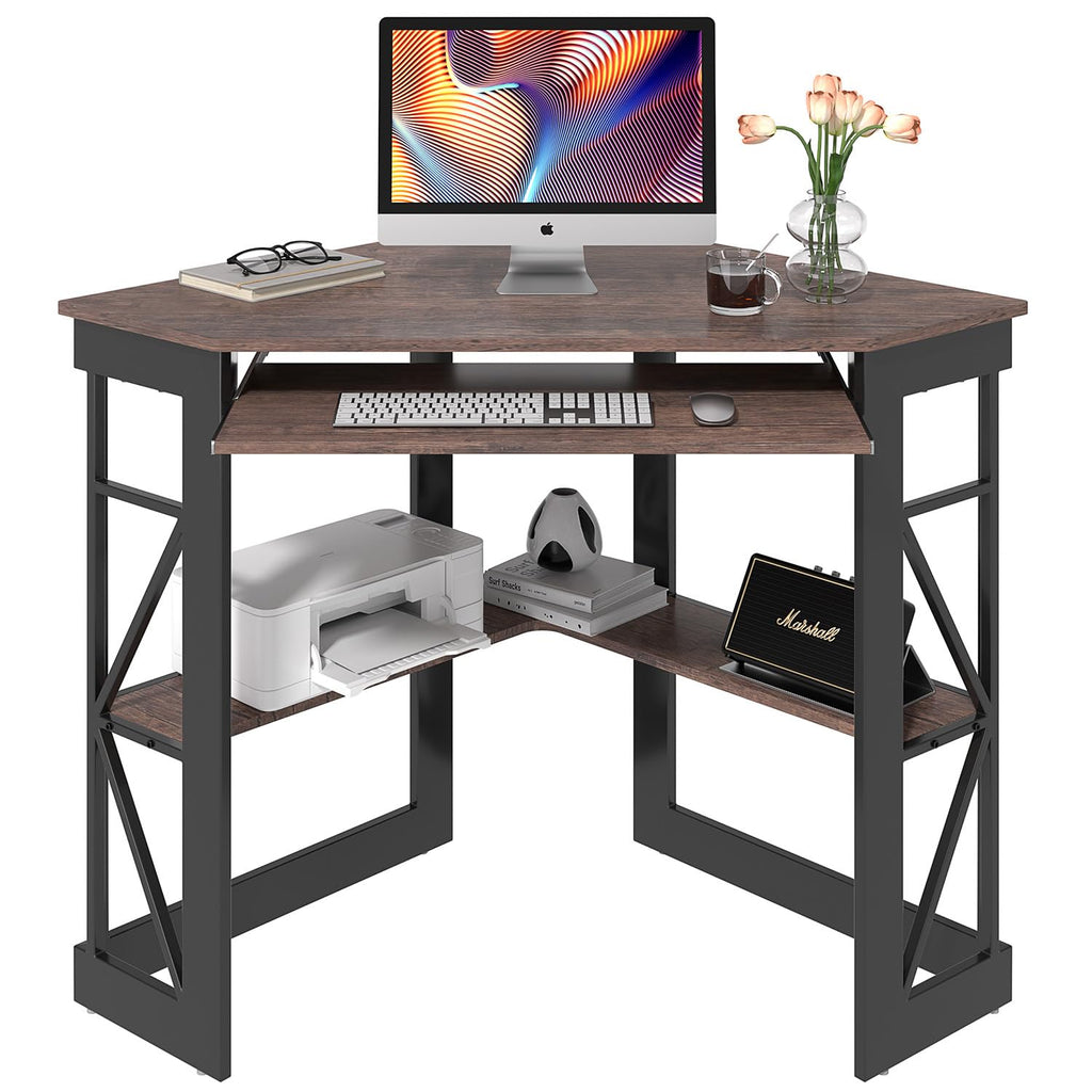 VECELO Corner Desk Computer Desk Writing Table with Smooth Keyboard Tray & Storage Shelves,Compact Home Office Triangle Table,Antique Brown