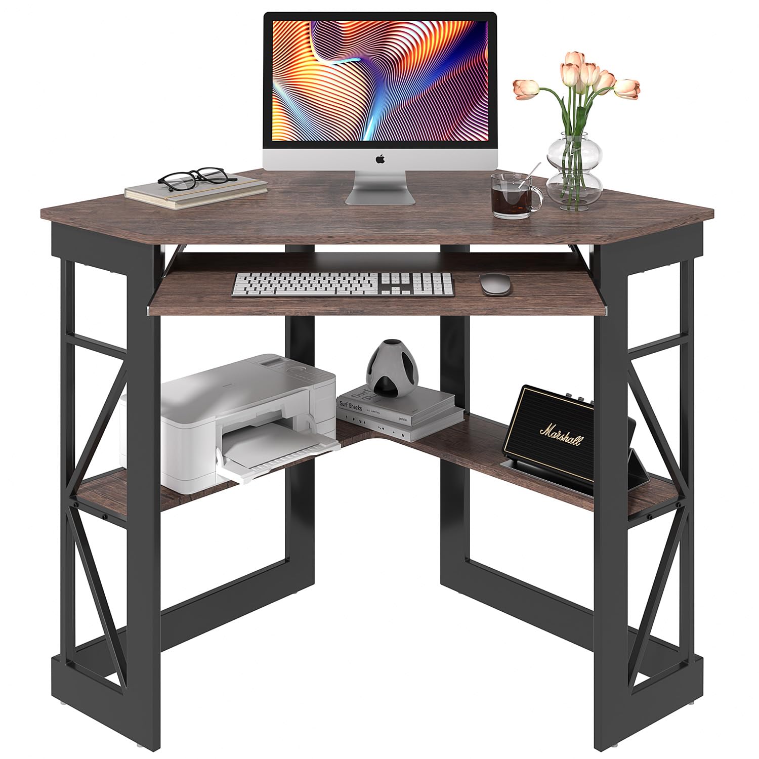 VECELO Corner Desk Computer Desk Writing Table with Smooth Keyboard Tray & Storage Shelves,Compact Home Office Triangle Table,Antique Brown