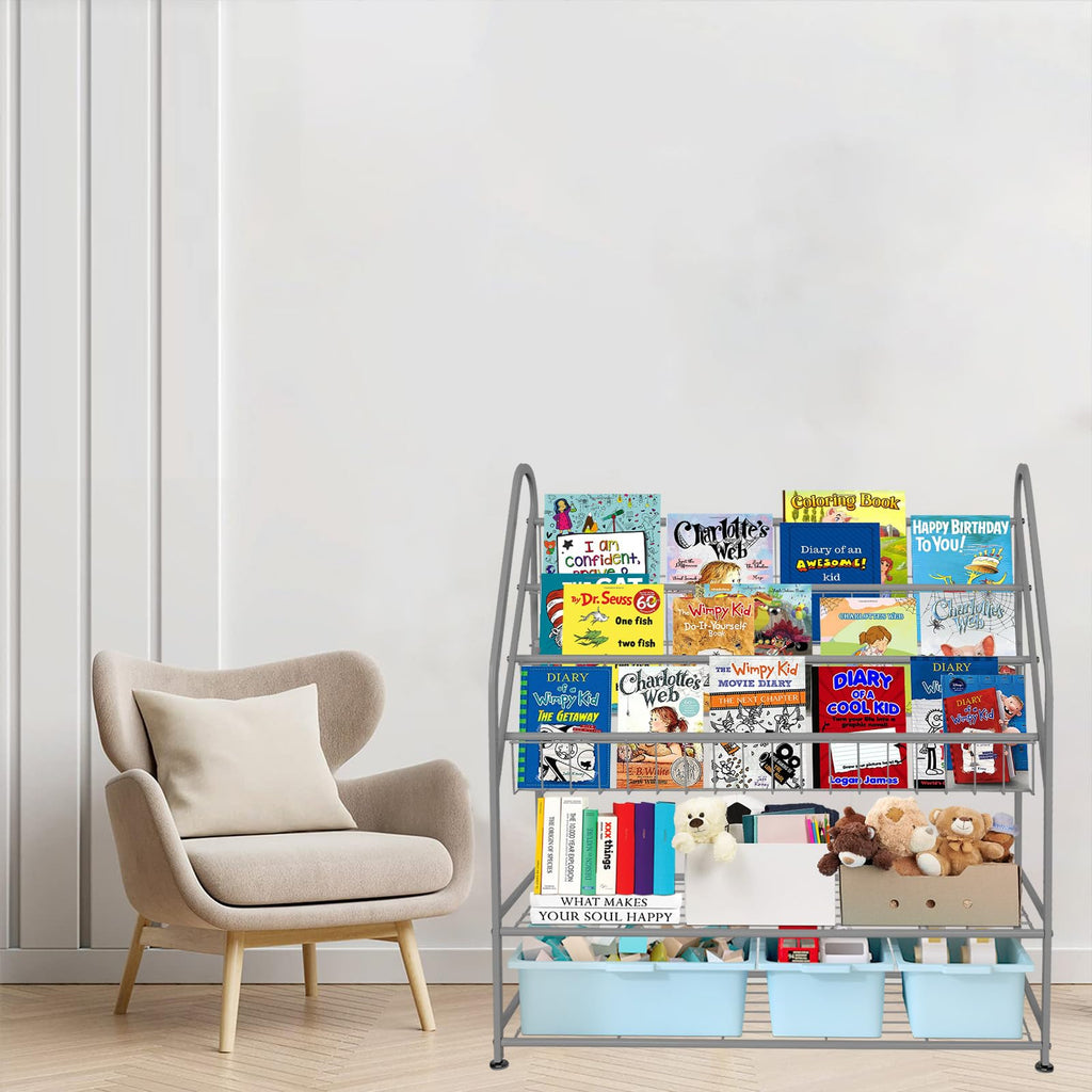 aboxoo Metal Kids Bookshelf Black Large Freestanding for Children Room 32 in Toy Organizer Large Stable Bookcase Bookstore Library Book Unit Storage Kids Bed Living Room