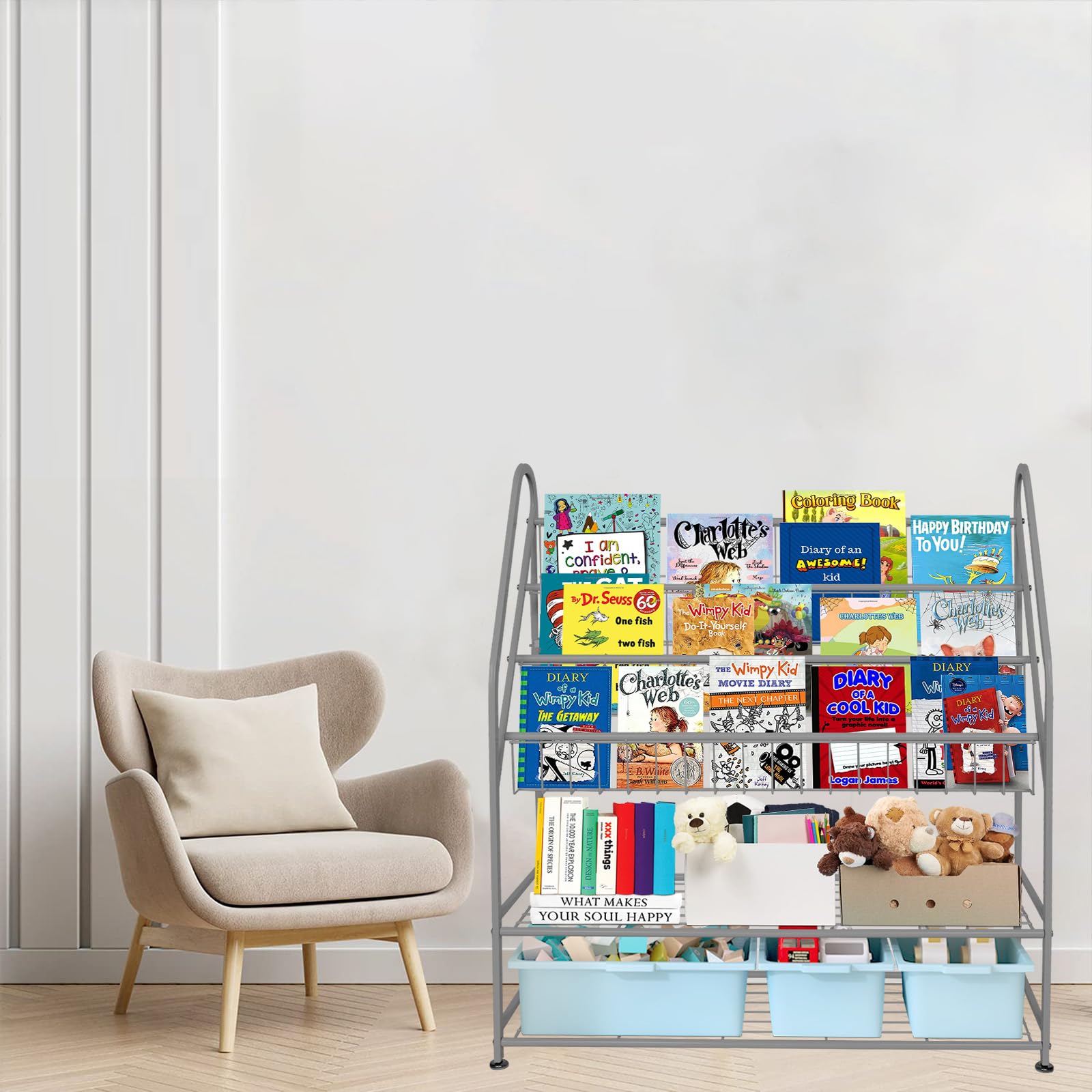 aboxoo Metal Kids Bookshelf Black Large Freestanding for Children Room 32 in Toy Organizer Large Stable Bookcase Bookstore Library Book Unit Storage Kids Bed Living Room