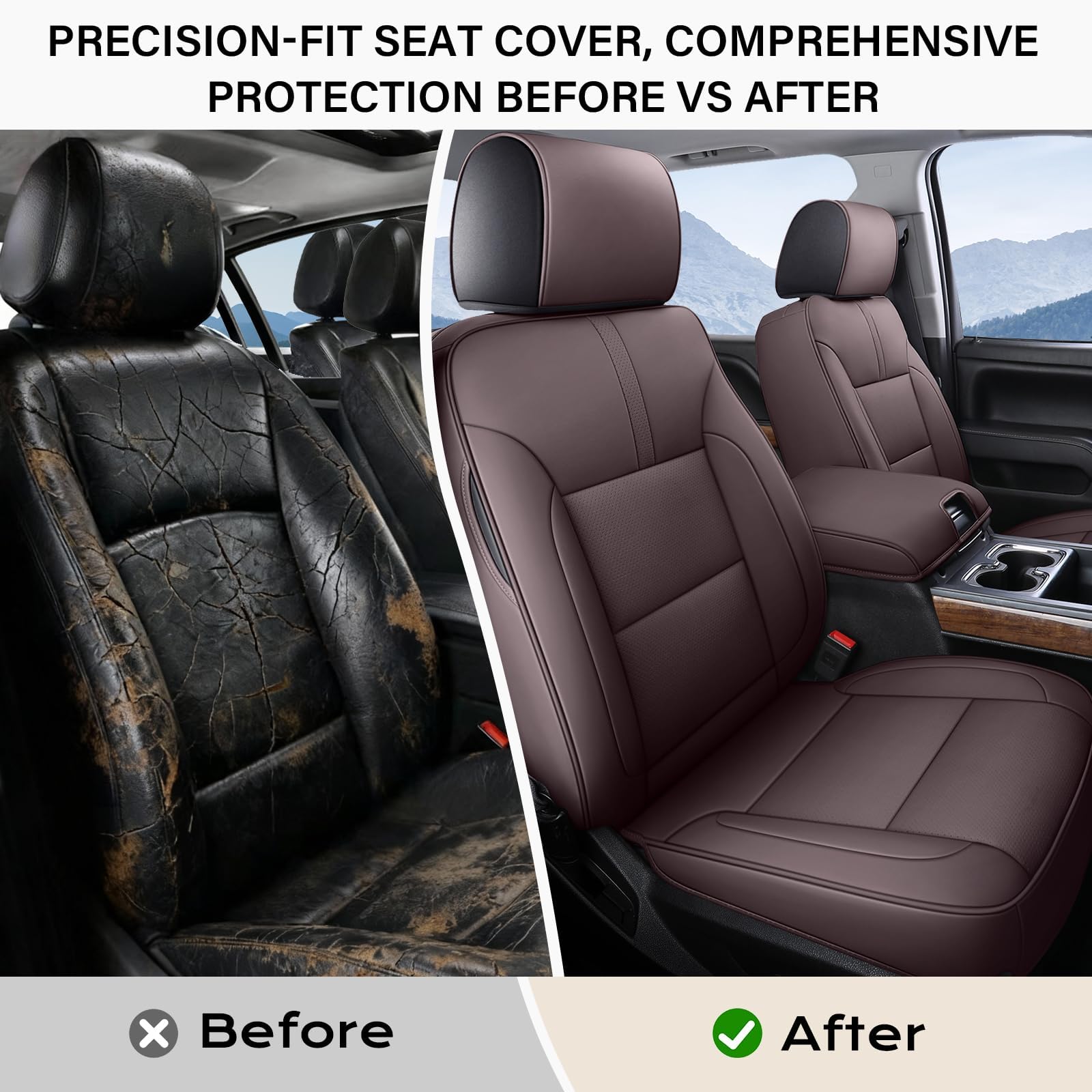 Coverado Chevy Silverado Seat Covers, Faux Leather Seat Covers Fit for Chevy Silverado GMC Sierra 2007-2025 1500, 2015-2025 2500HD 3500HD Crew Double Extended Cab (Front, Black)