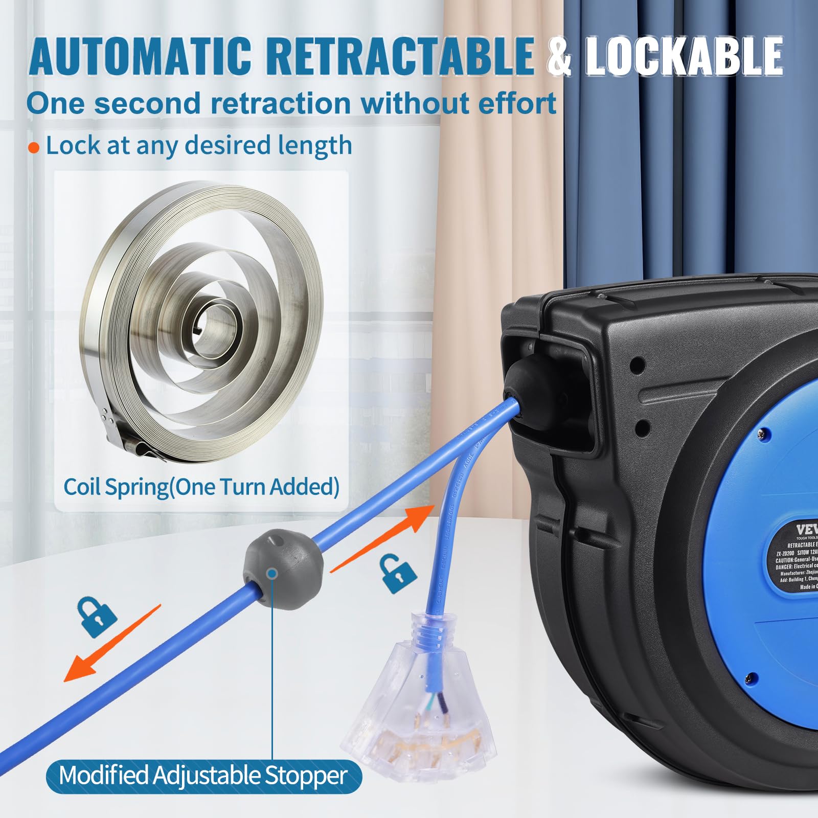 VEVOR Retractable Extension Cord Reel, 30 FT, Heavy Duty 16AWG/3C SJTOW Retractable Power Cord Reel with Lighted Triple Tap Outlet 10 Amp Circuit Breaker 4.5FT Lead-in Cord, for Ceiling or Wall Mount