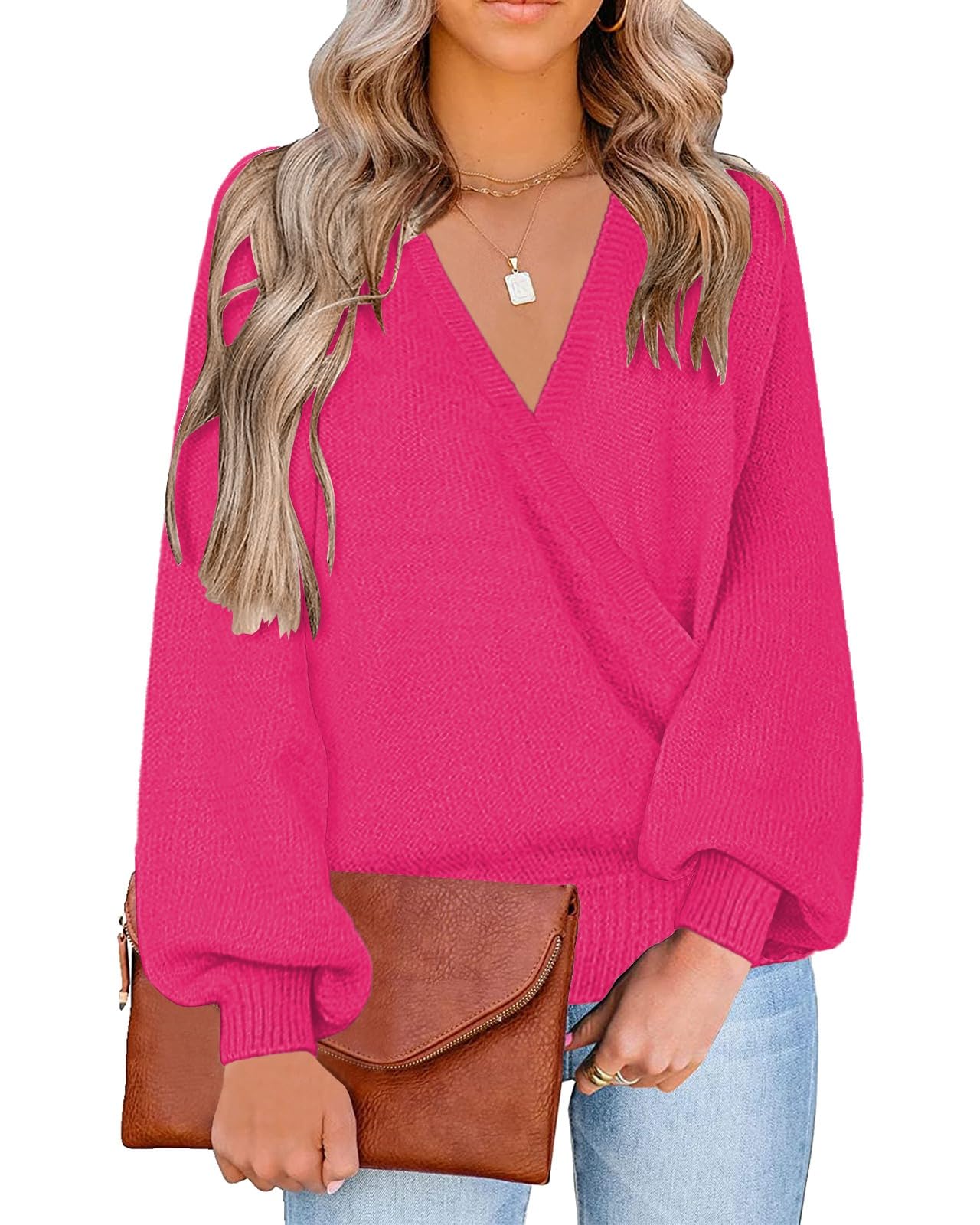 LookbookStore Women's Knit Long Sleeve Faux Wrap Surplice V Neck Sweater Top