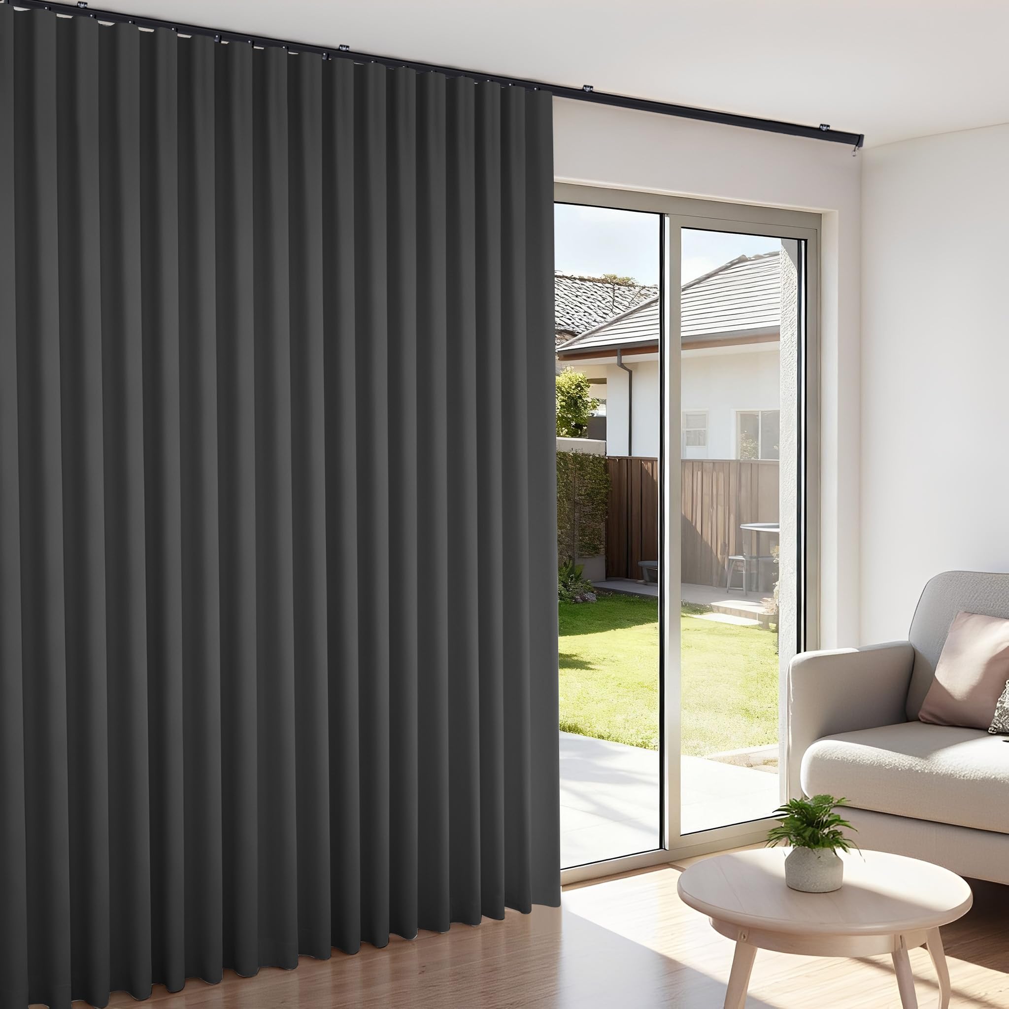 Room Divider Blackout Curtains Flexible Sliding Tracks Sets Ceiling Mounted Rod Window Curtain Privacy Separation for Bedroom Living Rooms,1 Panel Beige Drape and Black Track Set-W108xH72 in