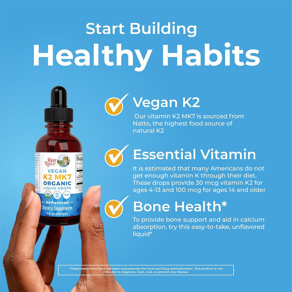MARYRUTH'S USDA Organic Vitamin K2 MK7 Liquid Drops for Adults & Kids | Sourced from Natto | Menaquinone- 7 | Vegan K2 Vitamin for Bone Health & Calcium Absorption | 1oz | Up to 90 Servings