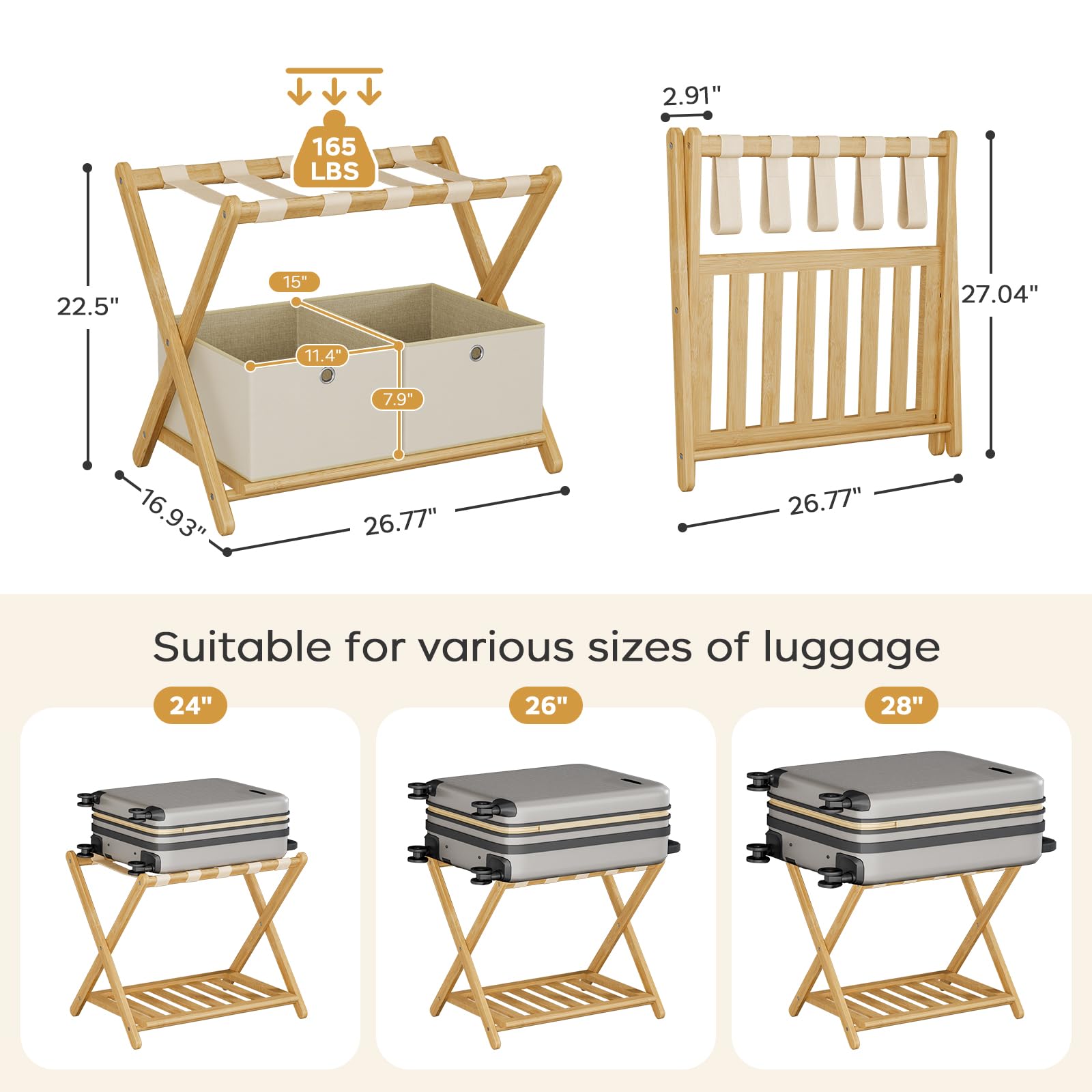 oakvivo Fully Assembled Black Luggage Rack for Guest Room, Bamboo Foldable Suitcase Stand with 5 Nylon Straps, Upgraded Luggage Rack Holder with Shelf for Bedroom Hotel, Holds up to 165 Lbs, 1pcs