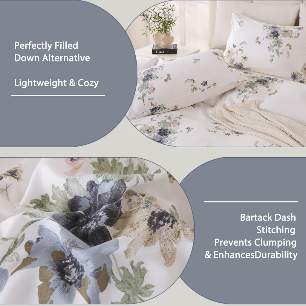 100% Natural Cotton Comforter Set Queen 3 Pcs Grayish Blue Bedding Sets with Luxurious Damask Pattern, Reversible Breathable Soft Comforter Sets for All Season