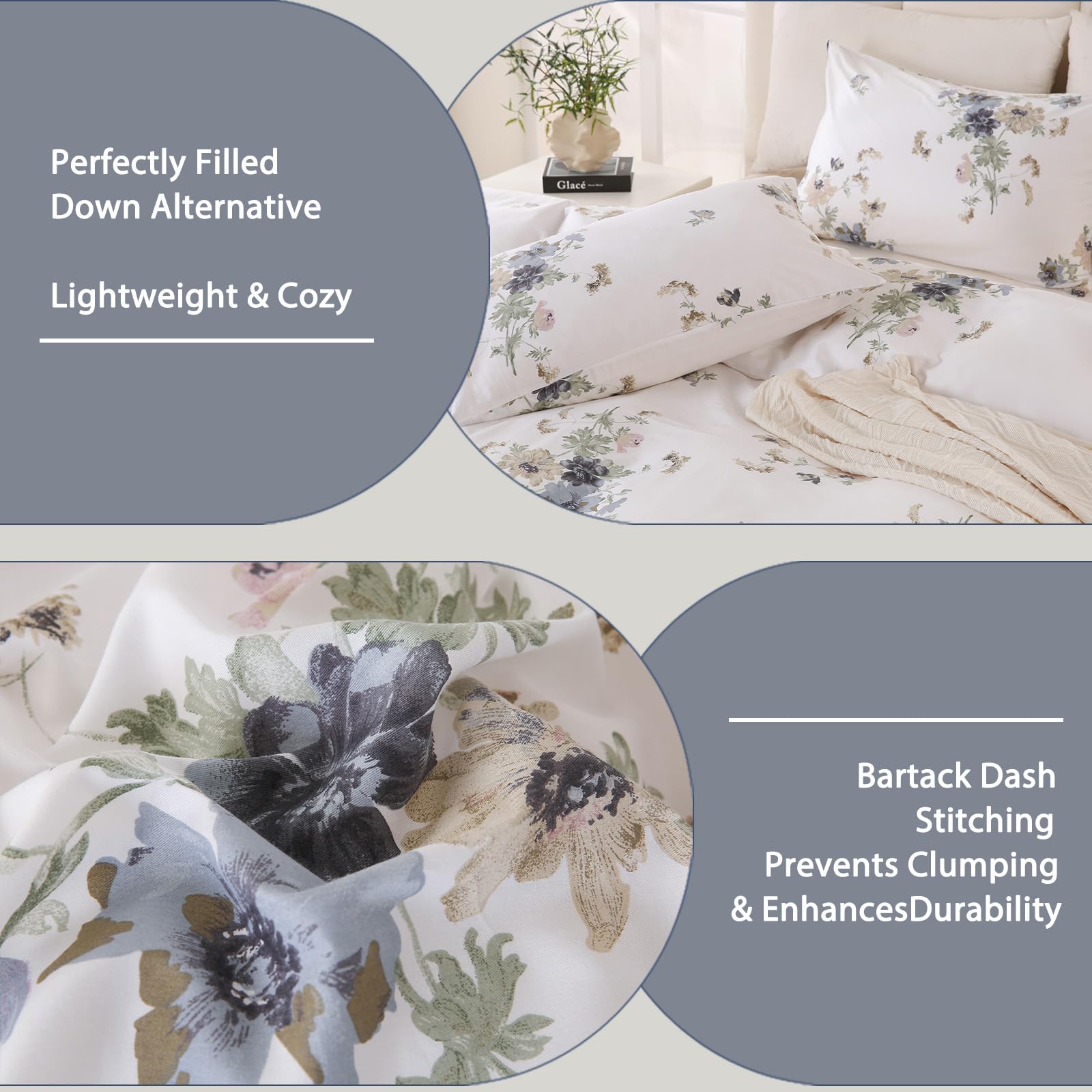 100% Natural Cotton Comforter Set Queen 3 Pcs Grayish Blue Bedding Sets with Luxurious Damask Pattern, Reversible Breathable Soft Comforter Sets for All Season