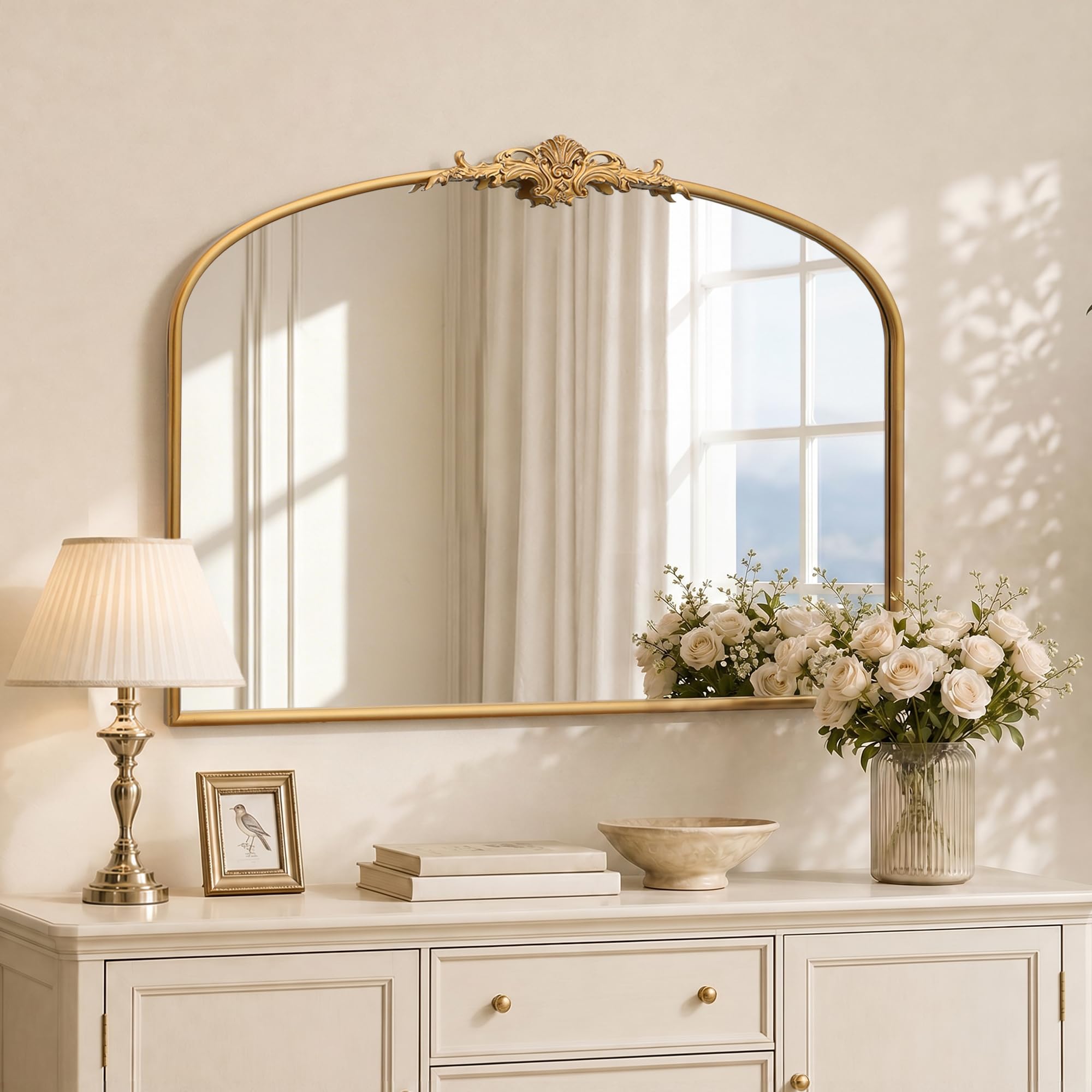 Besdomus Vintage Arched Black Mirror: 32"x24" French Large Black Vintage Wall Mirror - Baroque Traditional Ornate for Living Room/Fireplace/Bathroom- Ideal Gifts for Housewarming/Birthday