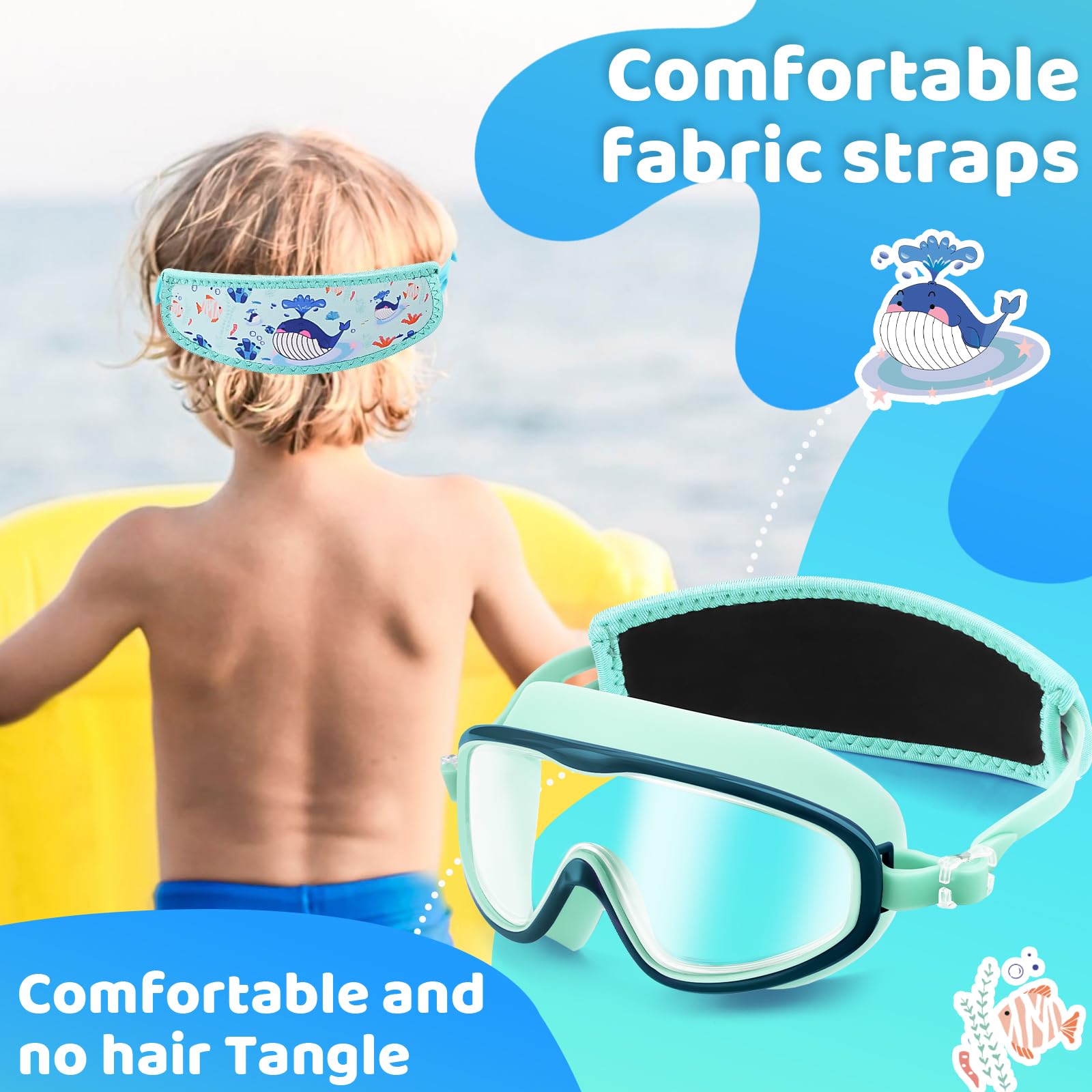 Vvinca Kids Swim Goggles with Fabric Strap No Tangle Pain-Free, Anti-Fog Swimming Pool Goggle No Leak for Toddlers Girls Boys