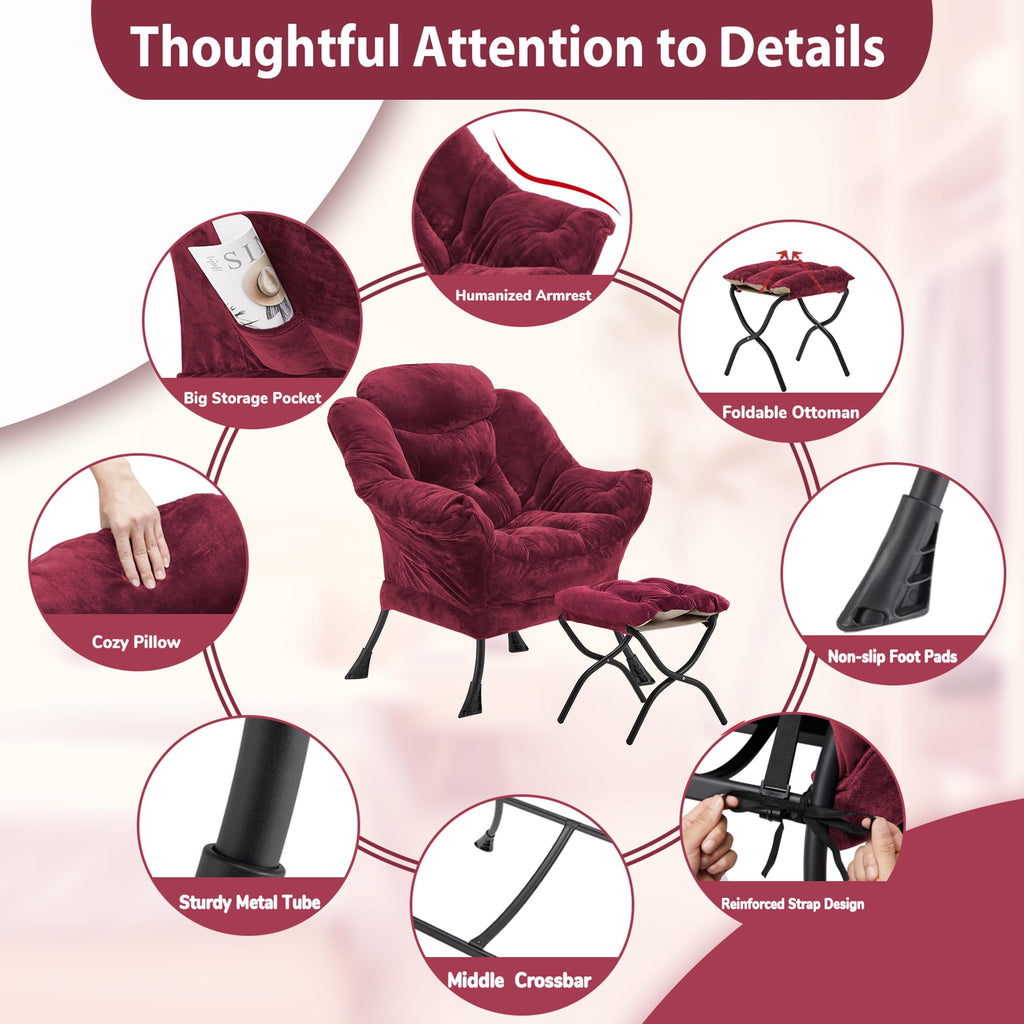 Youtanic Lazy Chair with Folding Ottoman, Accent Chair Velvet Upholstered with Metal Structure and Non-Slip Pads, Sofa Armchair with Footrest and Side Storage Bag for Dorm, Room, Office, Beige