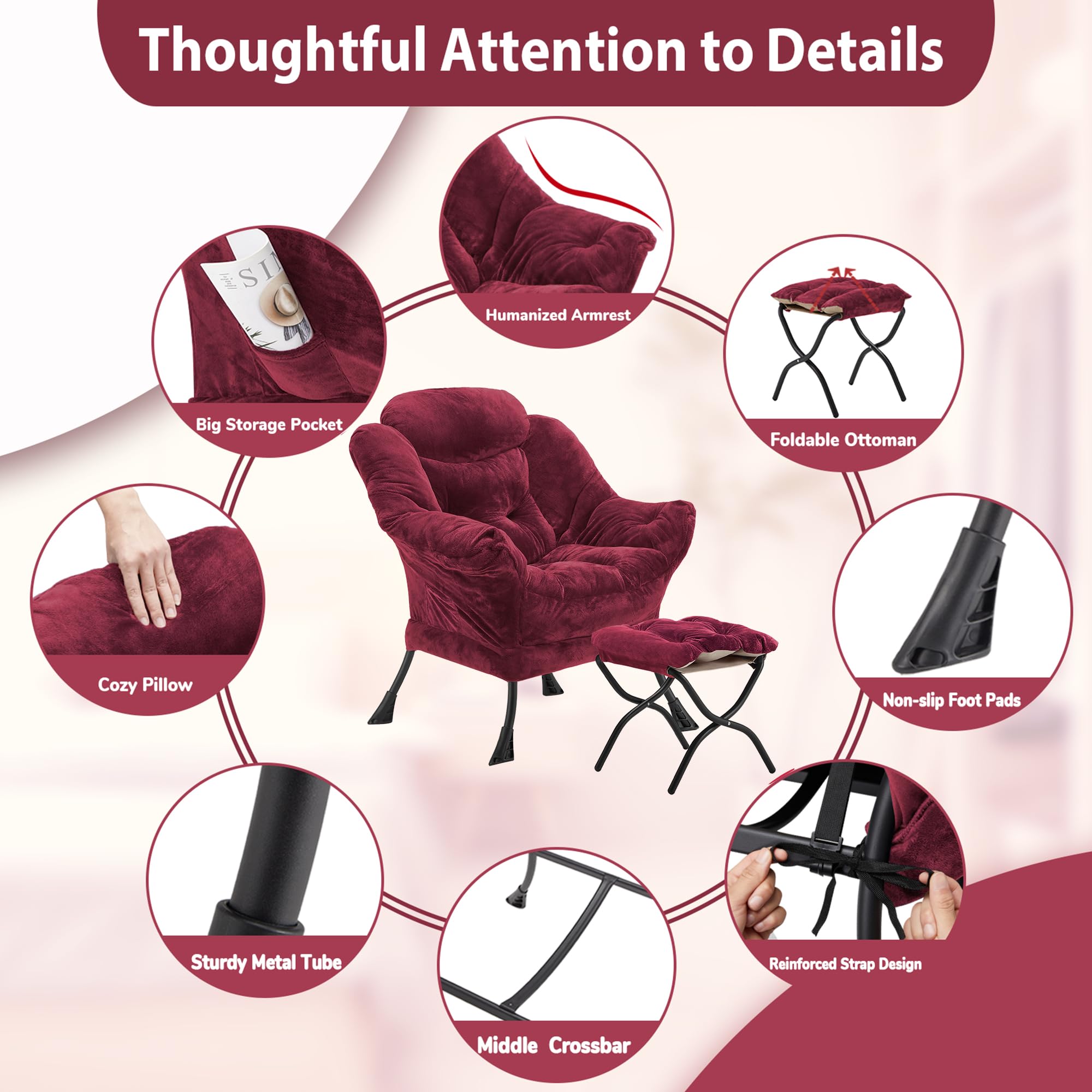 Youtanic Lazy Chair with Folding Ottoman, Accent Chair Velvet Upholstered with Metal Structure and Non-Slip Pads, Sofa Armchair with Footrest and Side Storage Bag for Dorm, Room, Office, Beige
