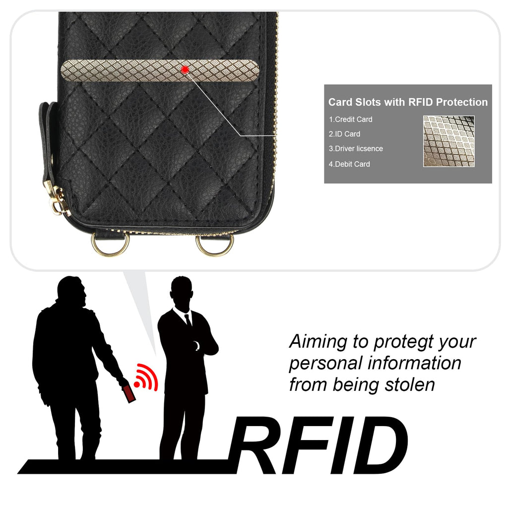 Bocasal Crossbody Wallet Case for iPhone 16 Pro, RFID Blocking PU Leather Zipper Handbag Purse Flip Cover, Kickstand Folio Case with Card Slots Holder Wrist Strap Lanyard 5G 6.3 Inch (Black)