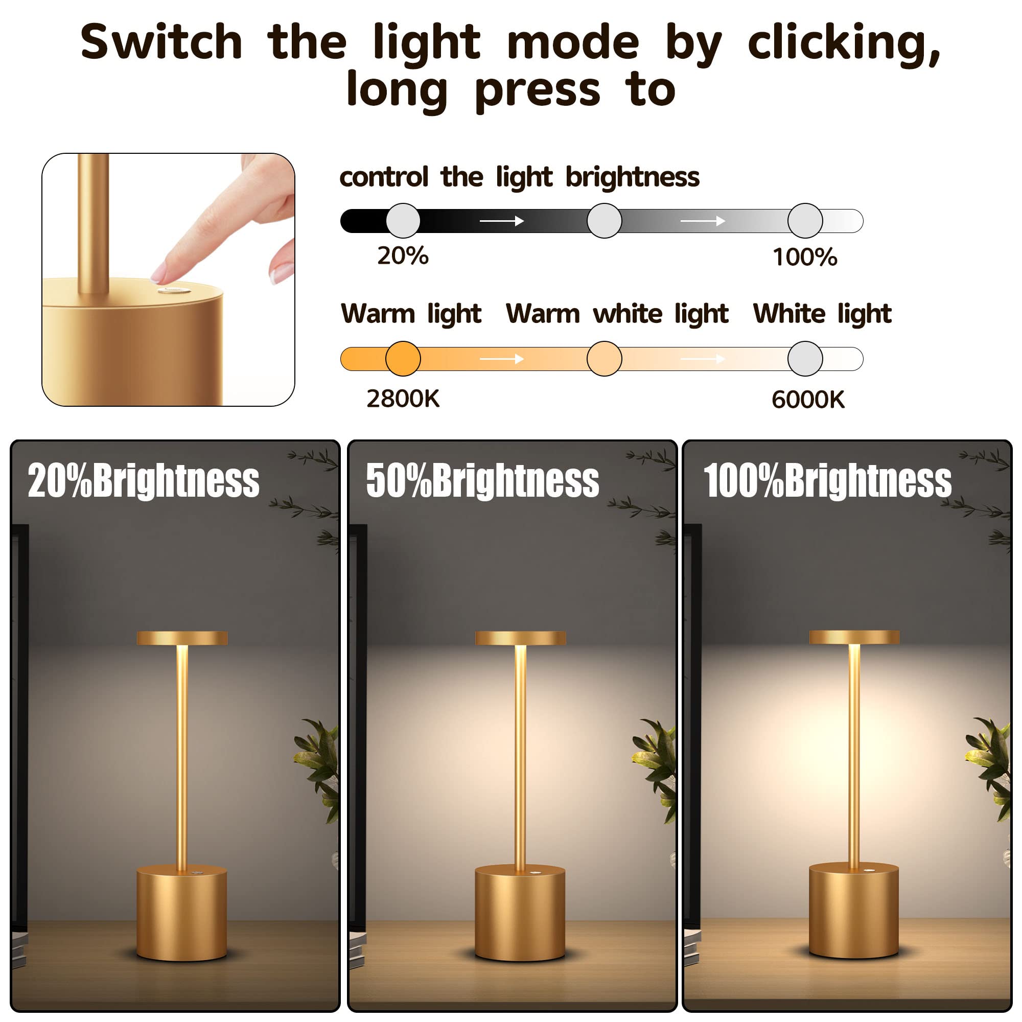 2Pack Cordless Table Lamp, Rechargeable LED Battery 5000mAh Metal USB Portable Powered Desk Lamp, 3 Levels Brightness Light for Restaurants Outdoor (2pack 10.25in Titanium)