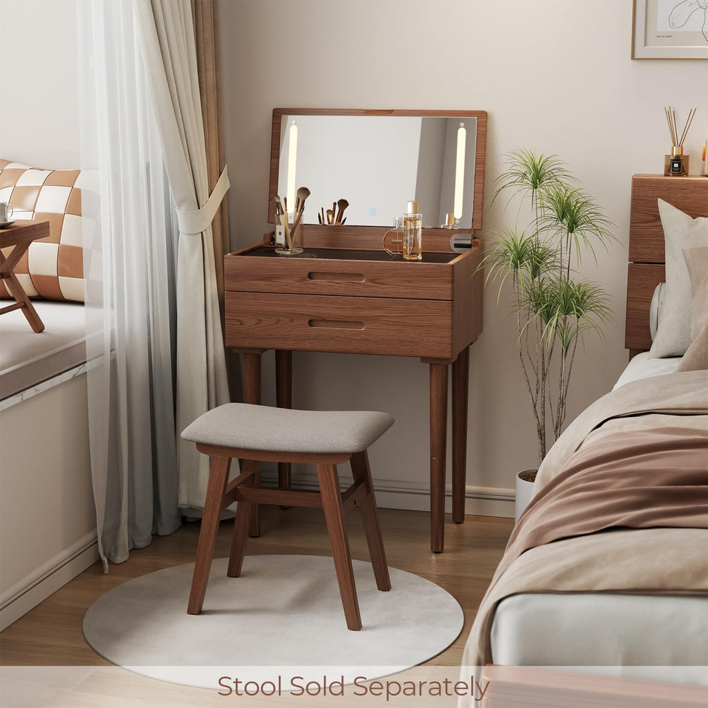 Muwuele Solid Wood Small Vanity Desk with Mirror and Lights, Narrow Makeup Vanity for Small Space, Flip Top Vanity Side Table, 3 Color Modes & Adjustable Brightness, 19.6" Slim Dressing Table, Black