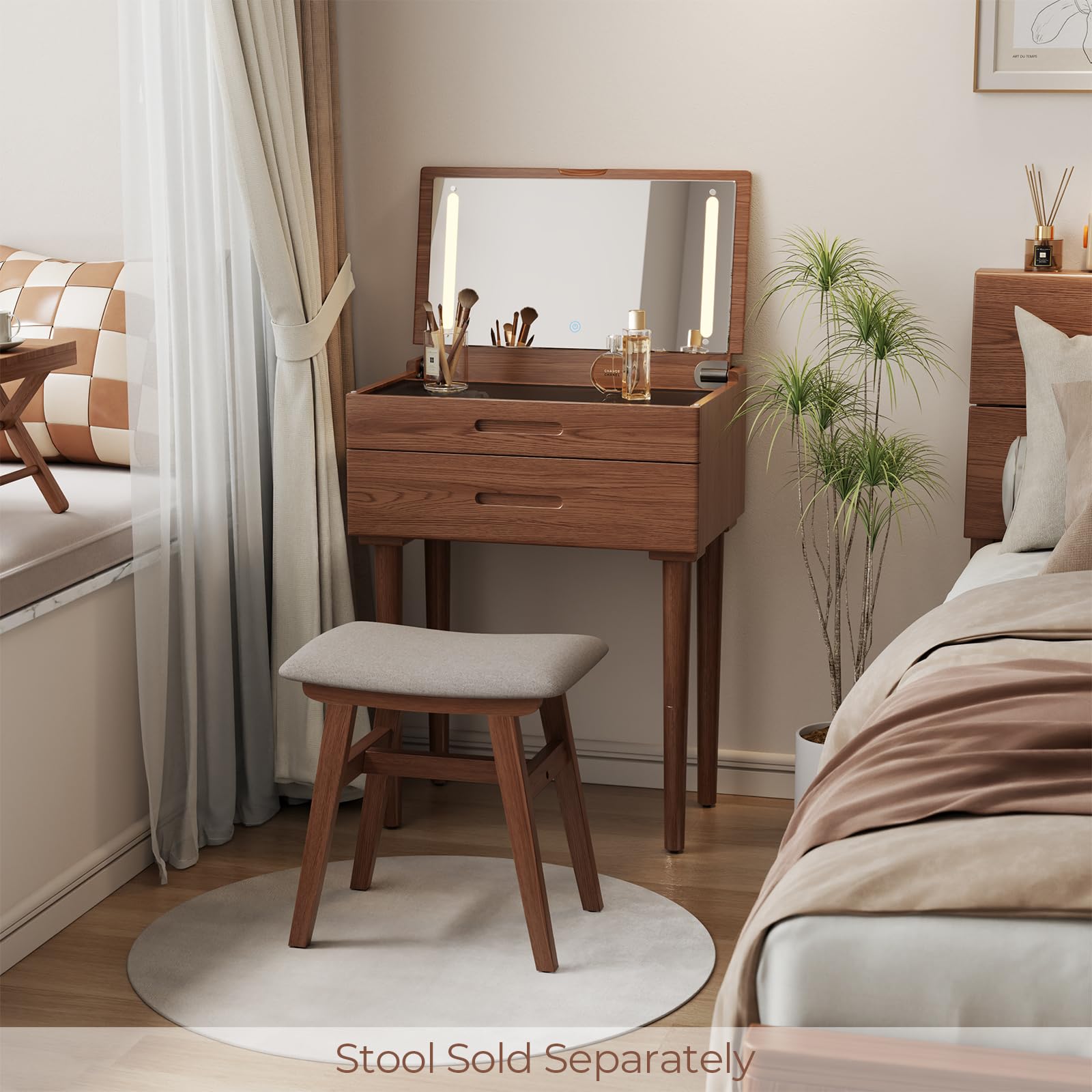 Muwuele Solid Wood Small Vanity Desk with Mirror and Lights, Narrow Makeup Vanity for Small Space, Flip Top Vanity Side Table, 3 Color Modes & Adjustable Brightness, 19.6" Slim Dressing Table, Black