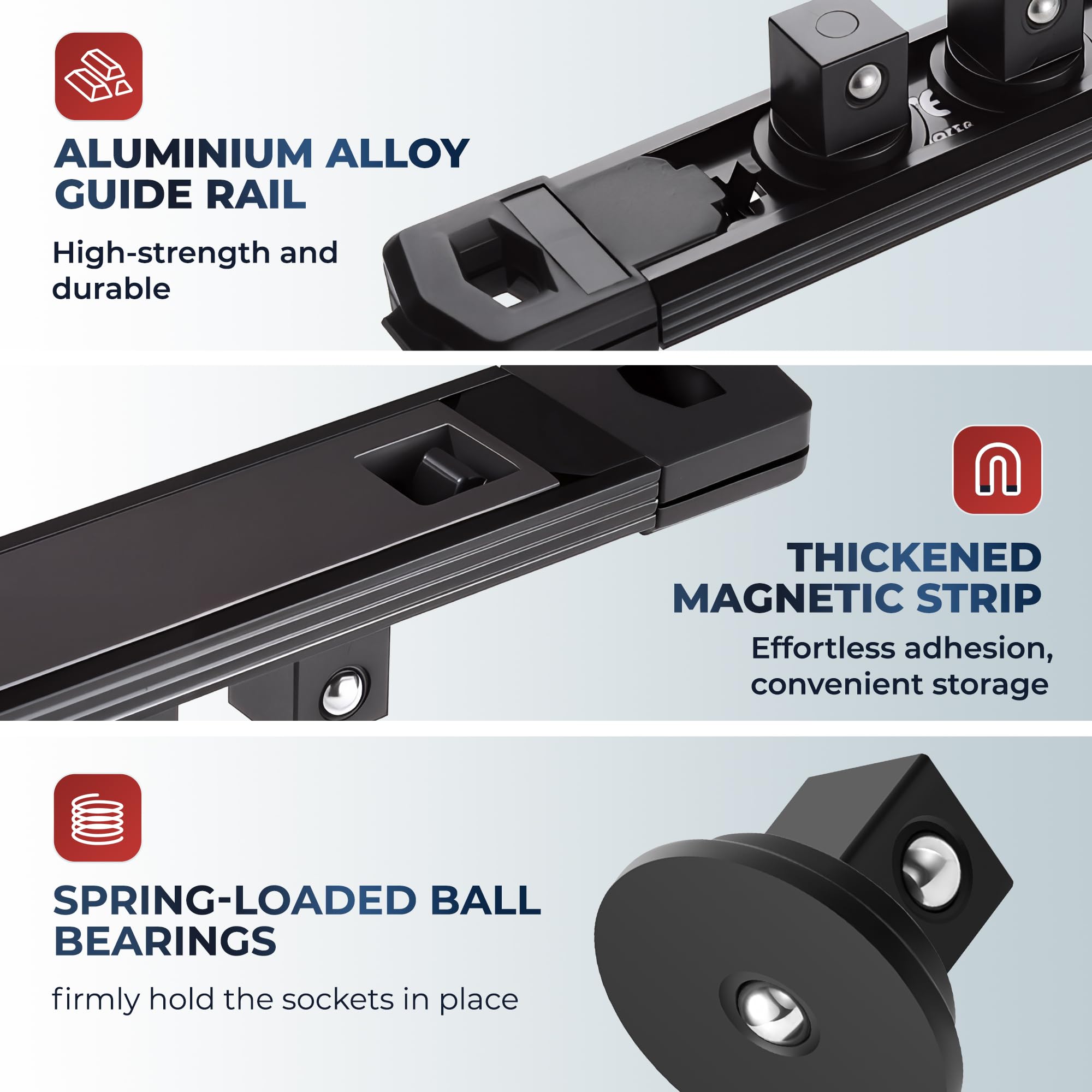 Reniteco Magnetic Socket Organizer Set, 3-Piece 1/2" 3/8" 1/4" Drive Aluminum Alloy Socket Holder with 40PC 360° Swivel Removable Clips, Magnetic Socket Rail for Tool Box Drawer, Black