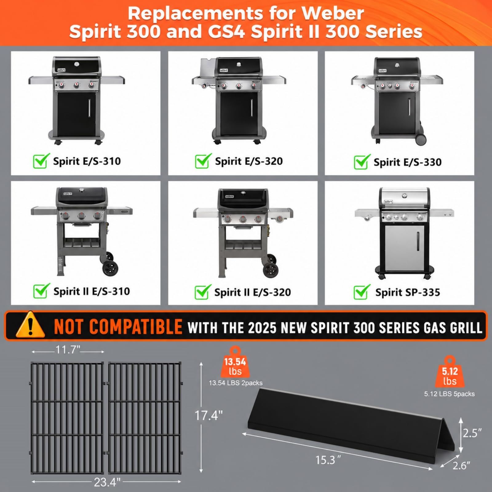 Grill Parts for Weber Genesis 300 Grills with Front Control Knob, Grill Grates for Genesis E310 S310 E/S320 E/S330, 17.5" Flavorizer Bars&Heat Deflectors, 19.5" Grill Grates for Weber 7524 7621 65505